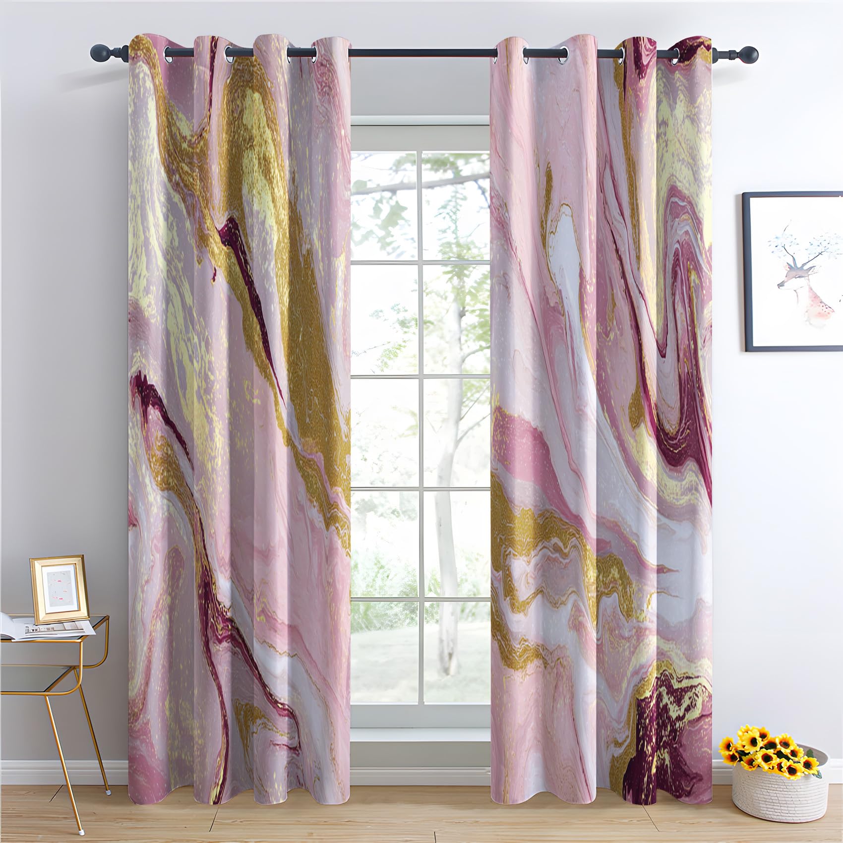Venivici Marble Blackout Curtains for Bedroom Living Room - 90 Inch Drop Curtains Eyelet, Girls Pink and Gold Luxury Patterned Window Treatments, Thermal Insulated Drapes 66x90 2 Panels