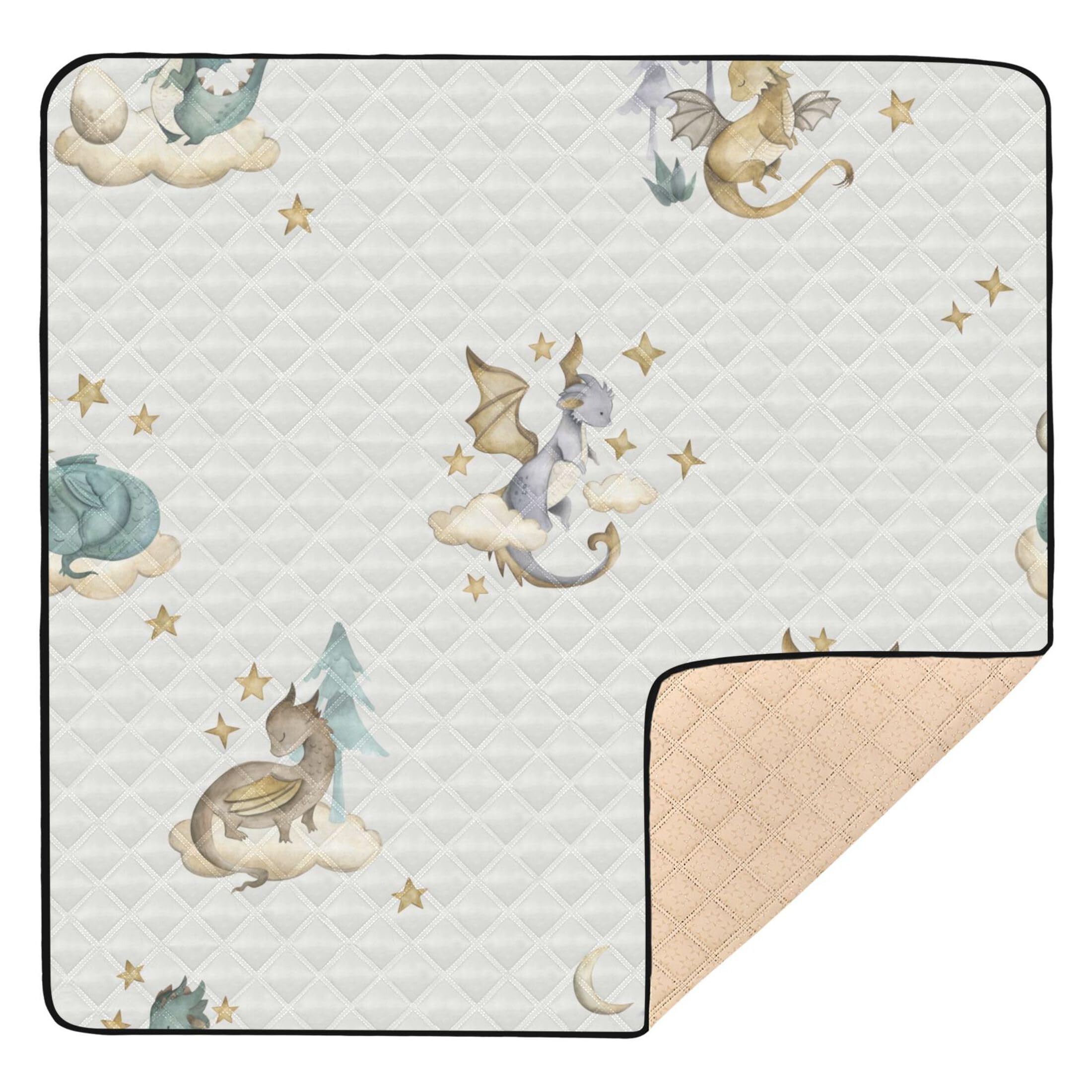 Vozoza Dragon Animals Watercolor Baby Playmat Washable Playroom Crawling Mat Non-Slip Play Mats for Floor 50x50 Playpen Mat