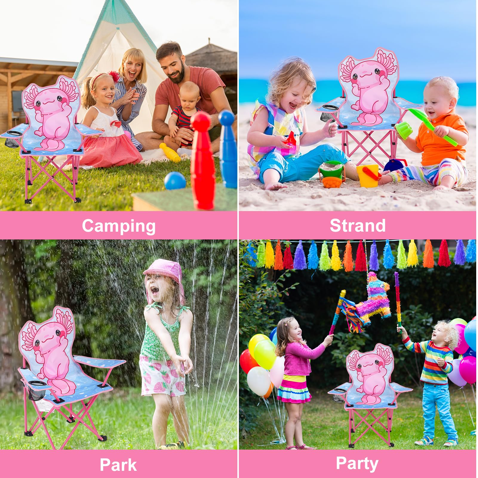 Silla de camping para niños con diseño de Axolotl, silla infantil para exteriores, con soporte para bebidas, silla plegable portátil, silla de jardín para niños, fuerte y estable, para picnic