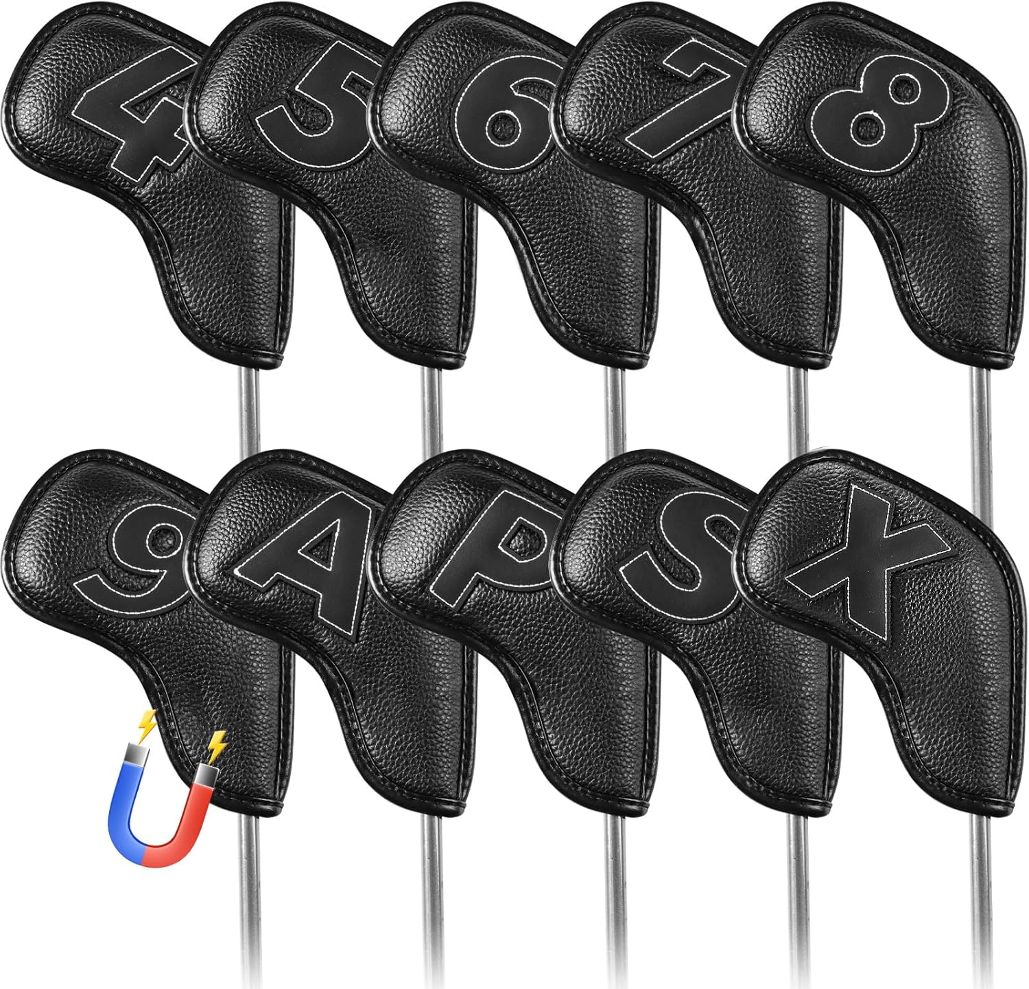 Golf Iron Covers Set Strong Magnetic Closure Value 10 Pack, Double Side Number Synthetic Leather Deluxe Club Headcover, Universal Head Cover Fit Main Irons Clubs for Women Men Black