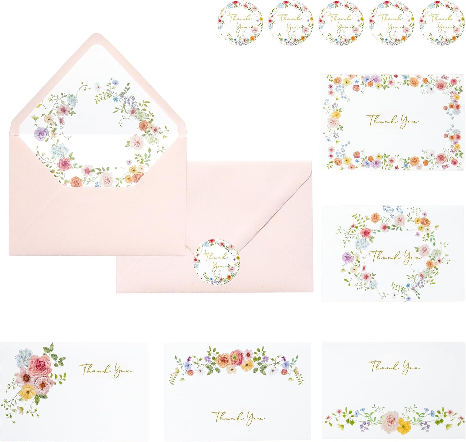 ponatia 50 PACK Blush Pink Thank You Cards With Envelopes, Gold Foil Print Greeting Cards With Adhesive Envelopes & Stickers for Wedding, Bridal Showers, Baby Showers, Birthday, All Occasion
