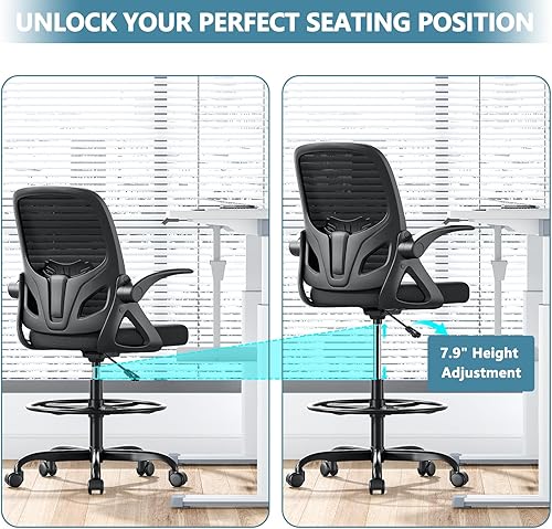 Miniatura 41 de Silla de dibujo alta con anillo reposapiés para el hogar y el trabajo, silla ergonómica de oficina para el hogar con brazos abatibles y soporte