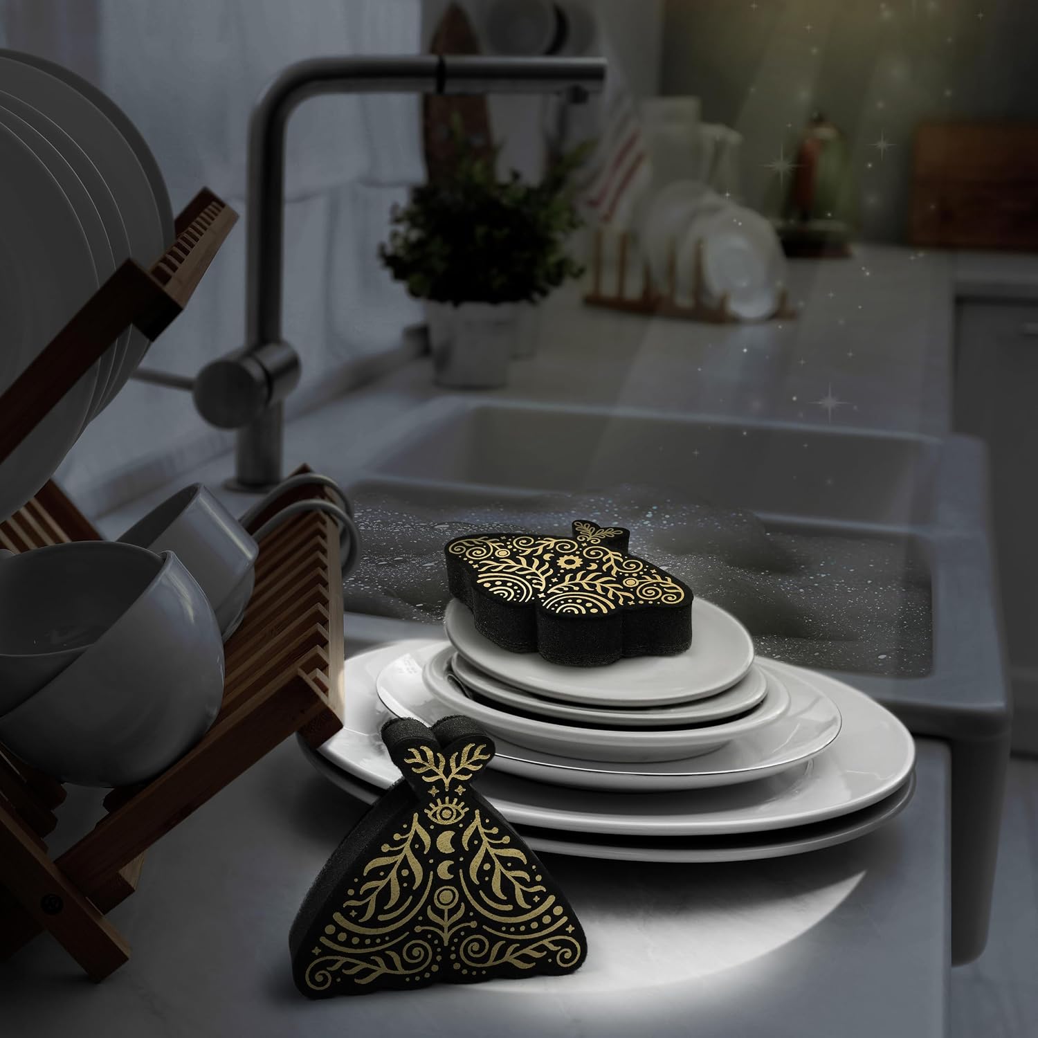 Genuine Fred Night Scrub Moth Kitchen Sponges – Set of 2 Moth-Shaped Sponges with Celestial Gold Metallic Details – Triple-Layer Design - Cute and Functional Gift image 4
