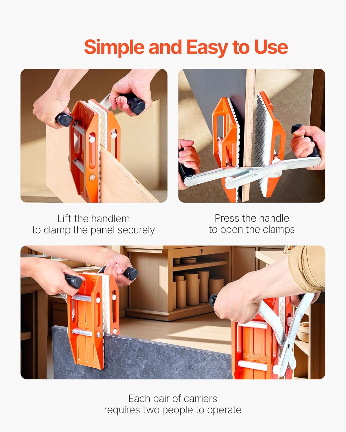 VEVOR Double Handed Stone Carrying Clamps, 660 lbs Load Capacity, 2 Pack Granite Panel Carriers Lifting Tools with Rubber-lined (0-2.36 Inches), Heavy Duty lifting Clamps for Plywood, Glass, Granite