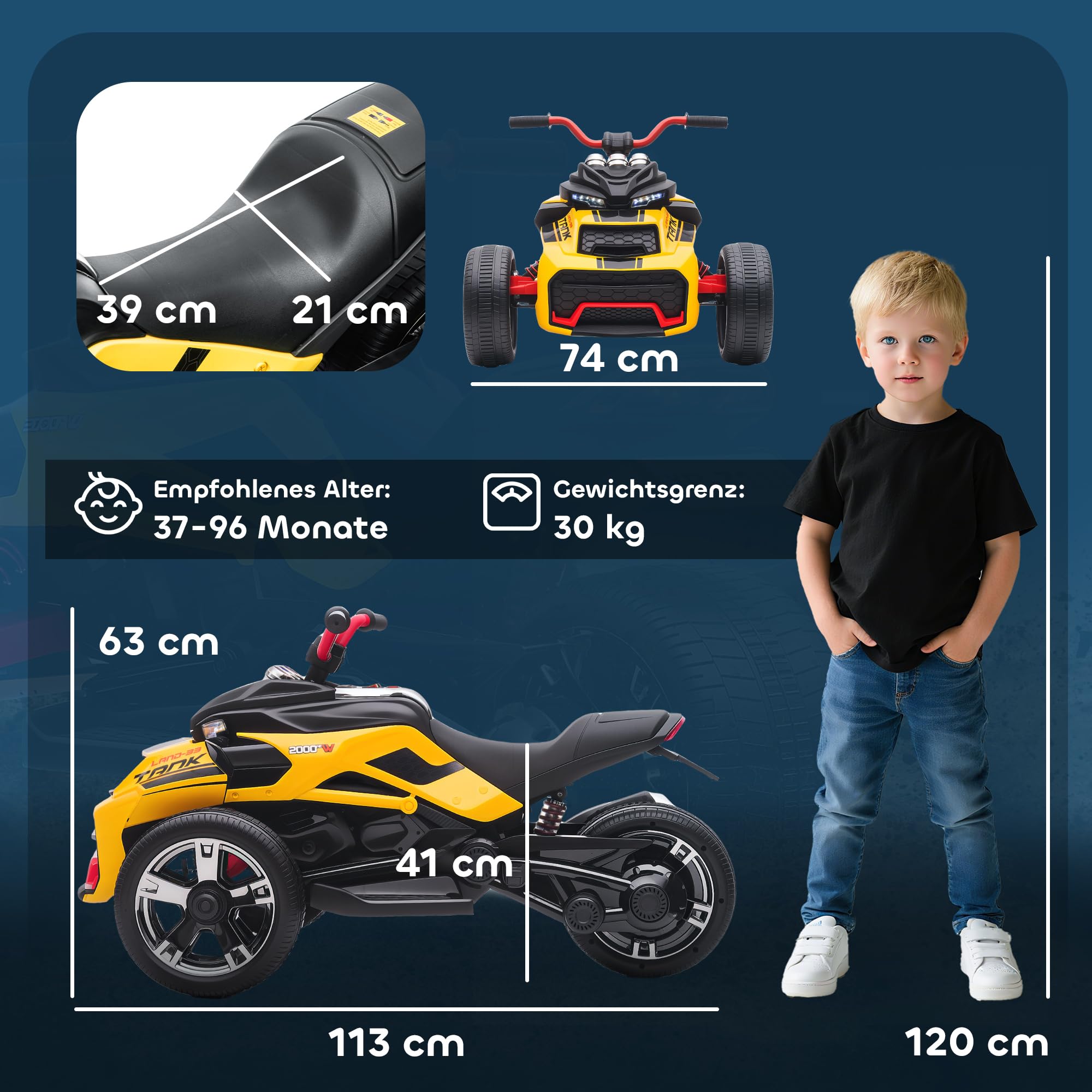 AIYAPLAY Elektro Quad für Kinder 12V Kinderquad 3 Räder 3-8 Jahre Gelb | Vorwärts-, Rückwärtsfunktion, MP3-Player, Hupe, 2 Geschwindigkeiten, LED-Leuchten, Kinderfahrzeug 3-5 km/h