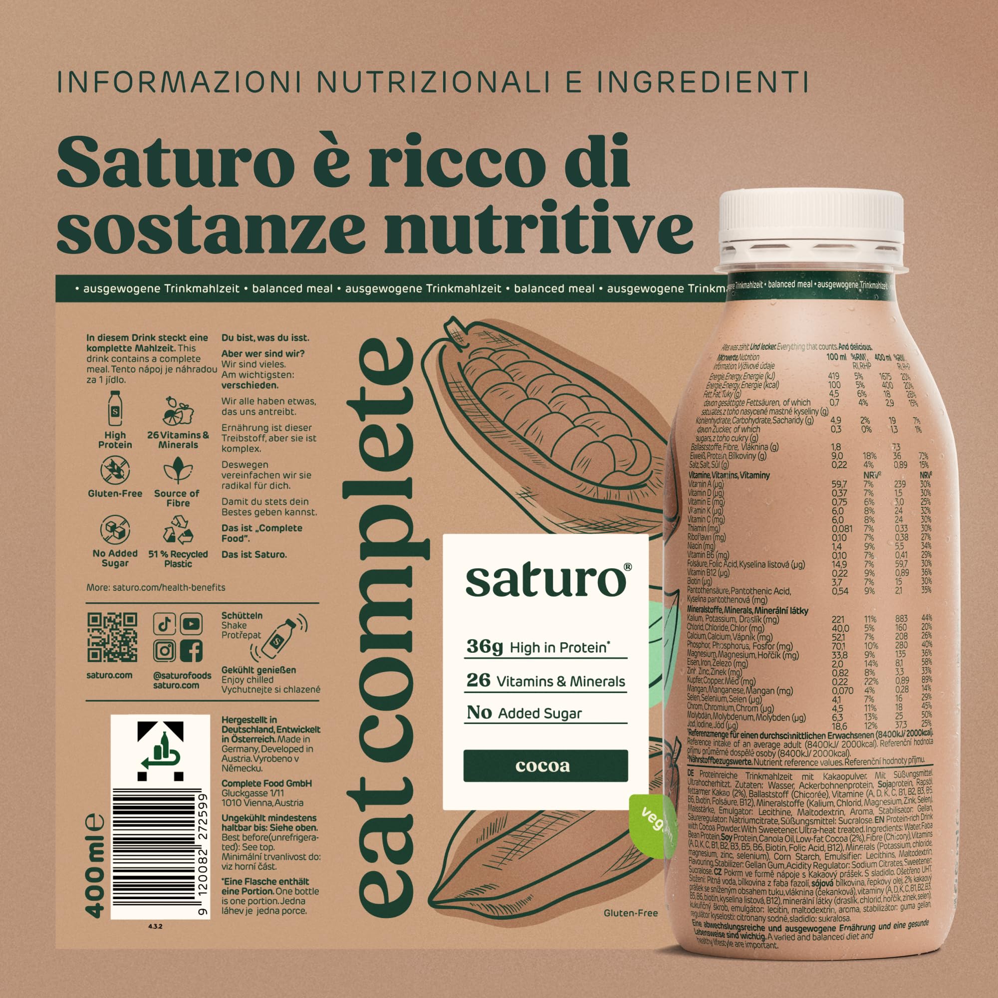 Saturo Pasto Sostitutivo Frullato Gusto Cocoa | 36 g di proteine & senza zucchero | 400 kcal | Vegano | Pasto Bevibile con Nutrienti Essenziali | Cioccolato | 6 x 400 ml