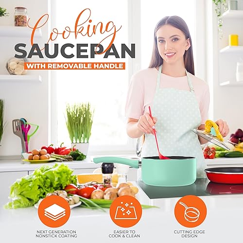 Miniatura 4 de Utopia Kitchen Cacerola antiadherente con mango desmontable de 2 cuartos de galón con tapa de vidrio, uso multiusos para el hogar, cocina o