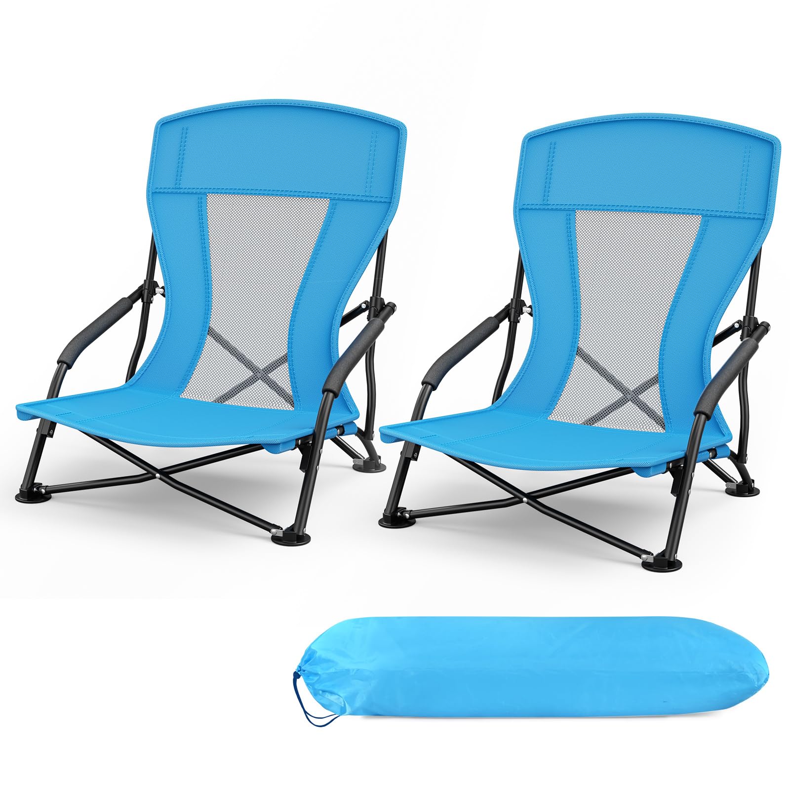 WildFun Strandstuhl Klappbar, Leicht Campingstuhl Faltbar mit Niedrigen Stuhlbeinen Atmungsaktiver Netzstoffrückenlehne und Tragetasche, Trägt bis 100kg für Strand See Garten Wandern (2Pcs, Blau)