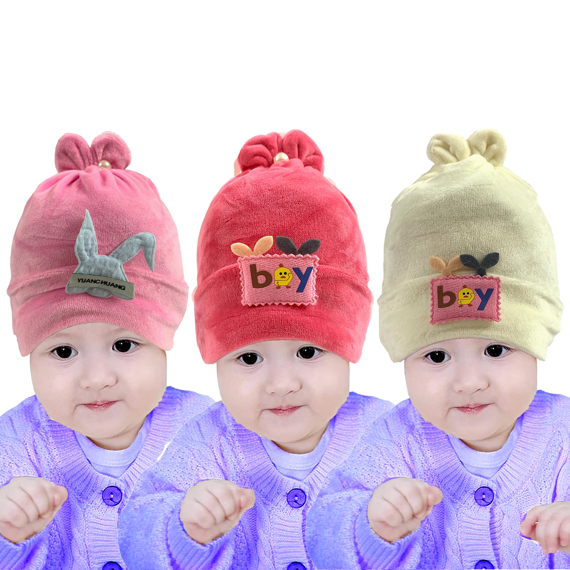 True Indian Baby Winter Warm and Soft Cap | New Born Baby Kid's Hat | Baby Cute Cap's for Winter | Woolen Cap for Kid's Boy's & Girl's Pack of-3