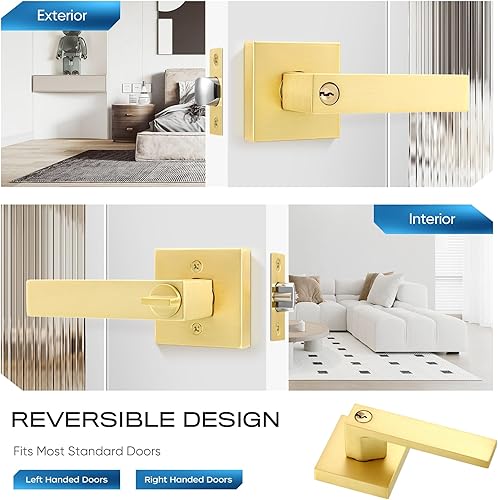 Miniatura 2 de Leydebong Paquete de 2 manijas de entrada doradas con llave igual, manija de puerta de entrada resistente, perillas de puerta interiorexterior con