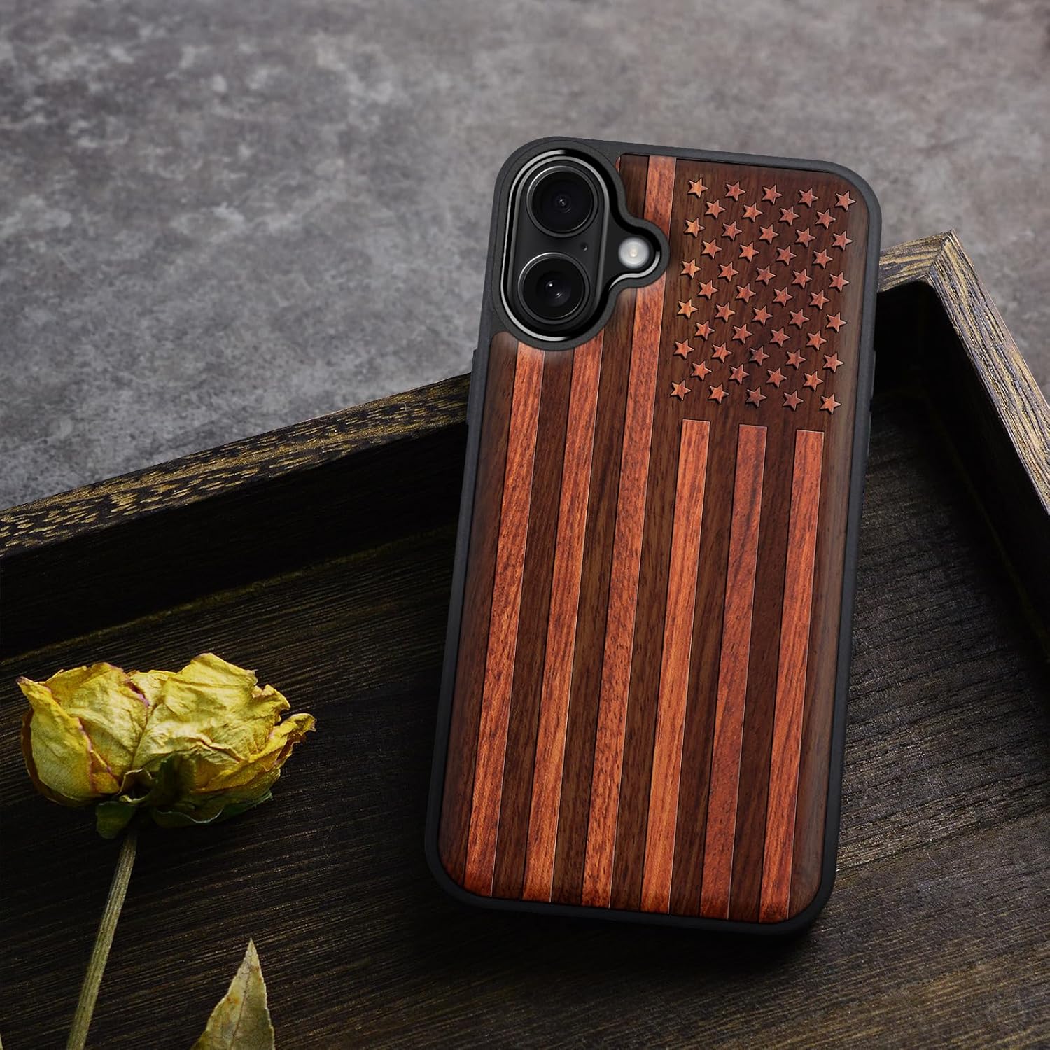 Carveit Magnetic Wooden Case for iPhone 16 Case, Wood Artisan Engraved & Black Soft TPU Shockproof Cover, Compatible with MagSafe Wireless Chargers (American Flag) Rosy - Image 8