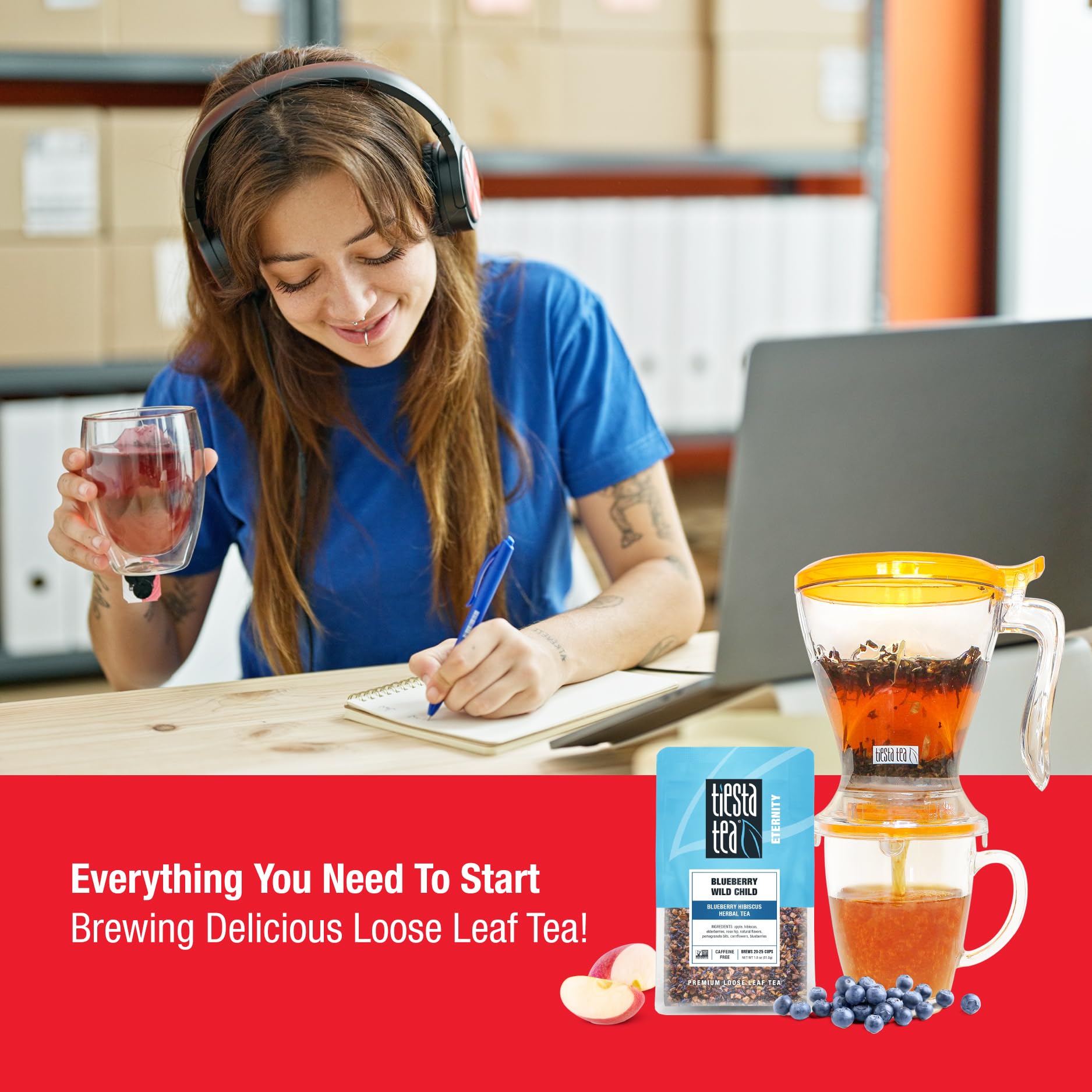 Tiesta Tea Ultimate Live Loose Leaf Kit, Tea Starter Kit with High to Non-Caffeinated Blends, Hot & Iced Brews, Includes Black, Green, Herbal Sample Bags and 16oz Brewmaster Dispensing Infuser
