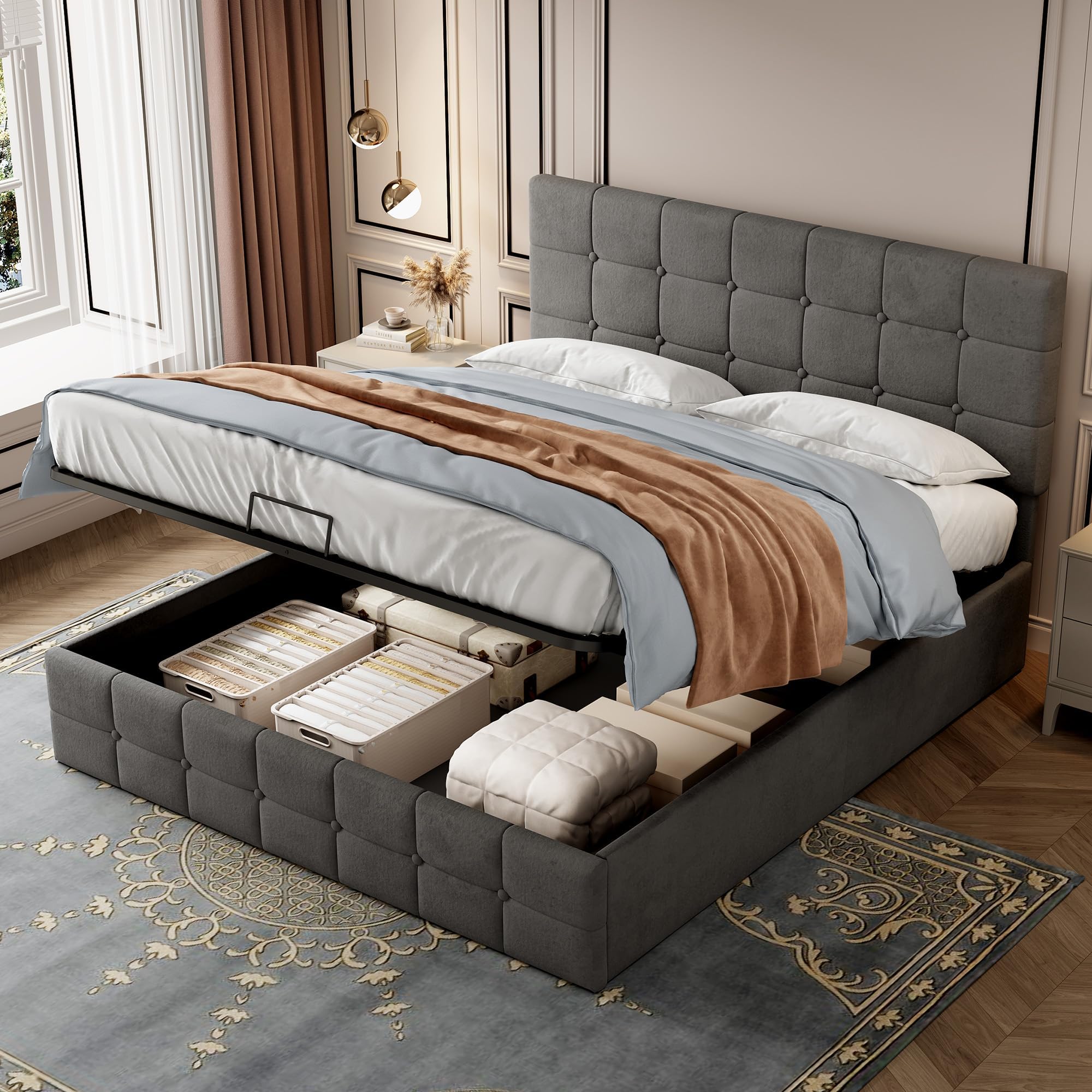 Blisswood Upholstered Ottoman Double Bed Frame 4ft6, Velvet Fabric Bed ...