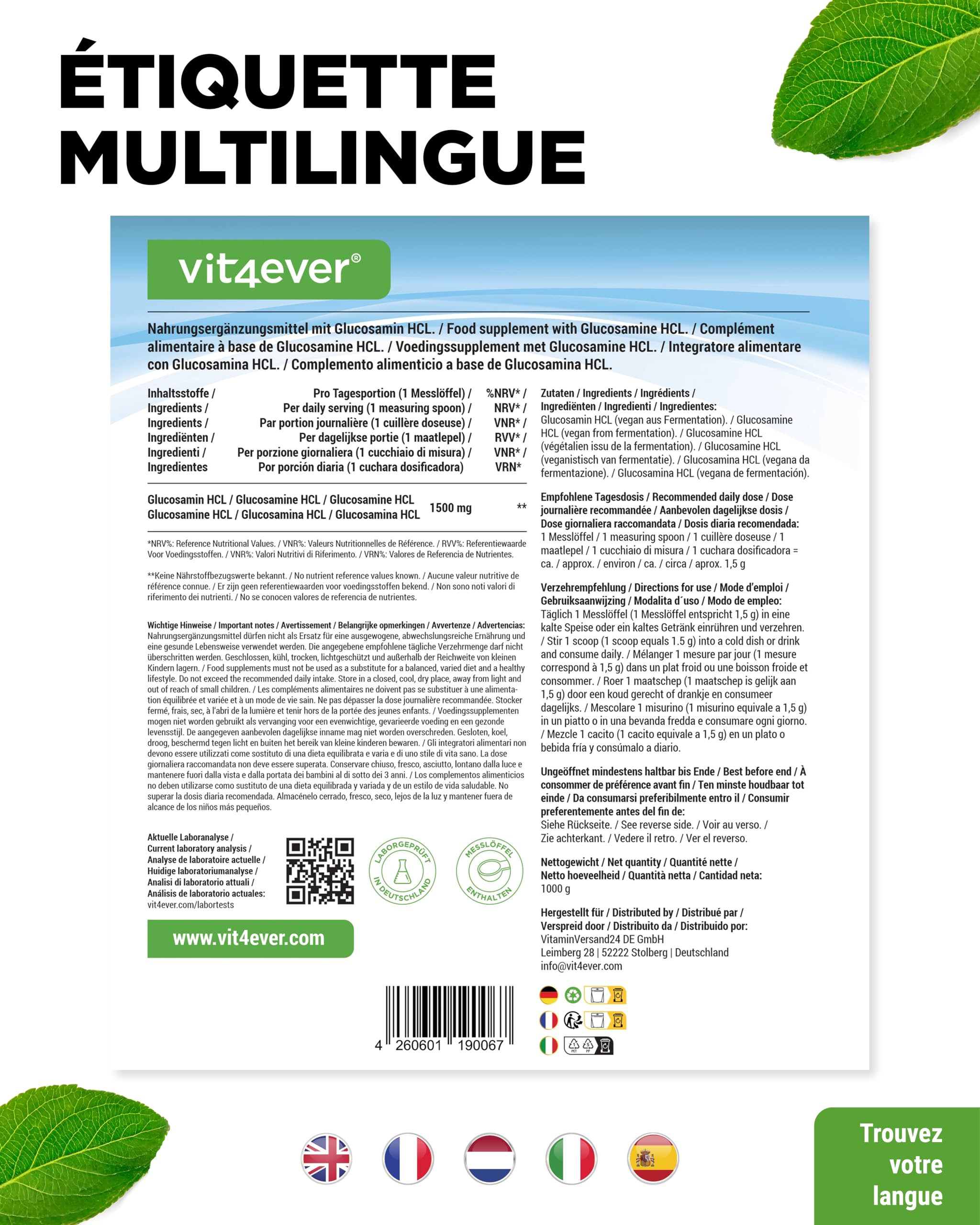 Glucosamine HCL Pure - 1000 g (1 kg) de Poudre Pure sans Additifs - Issue de la Fermentation Végétale - Vegan - Hautement Dosé