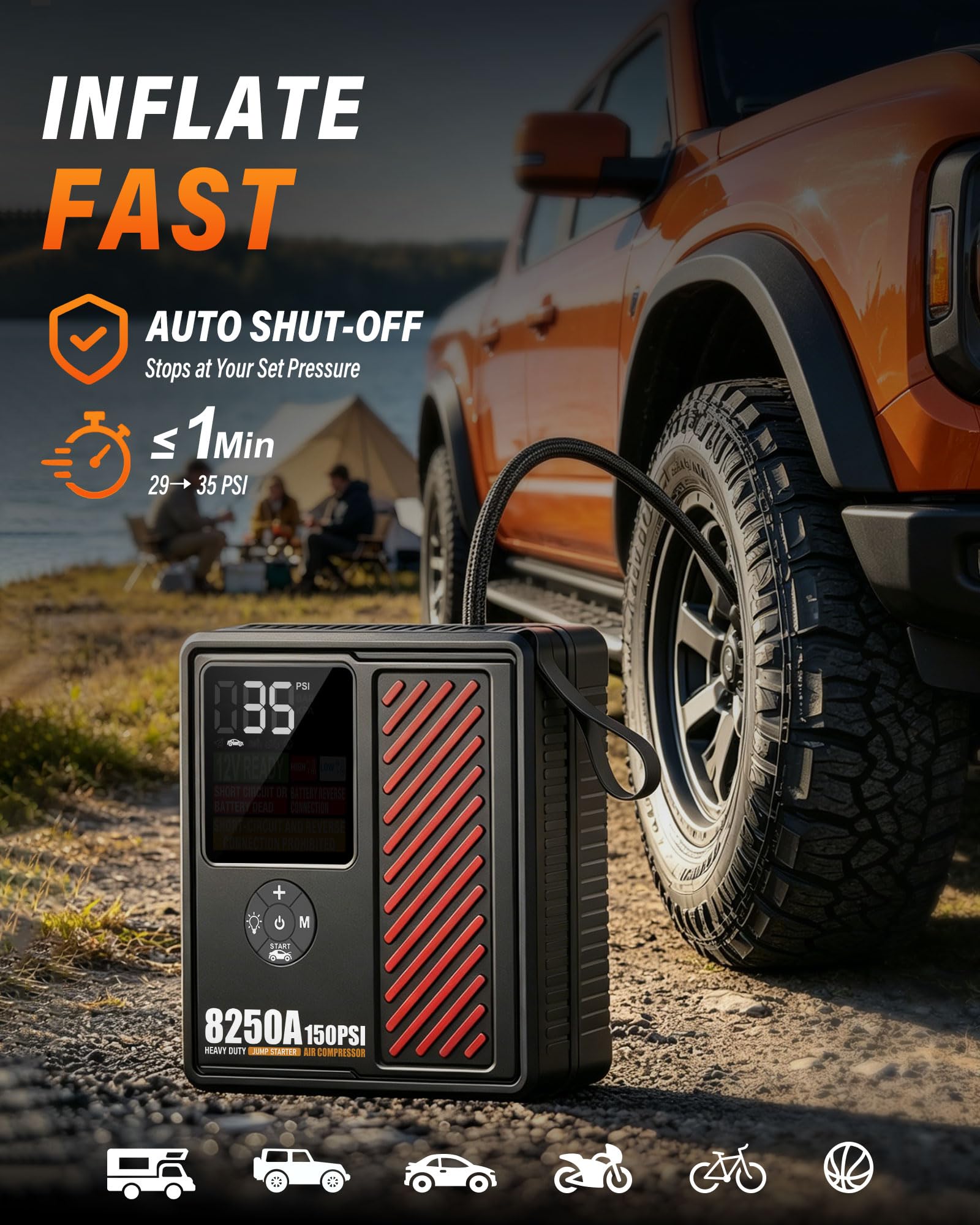 Arrancador portátil de coche de 8250 amperios con compresor de aire, inflador de neumáticos seguro de 150 PSI, inflado rápido de 40 l/min con apagado automático de 12 V, 760 CCA, arrancador de batería