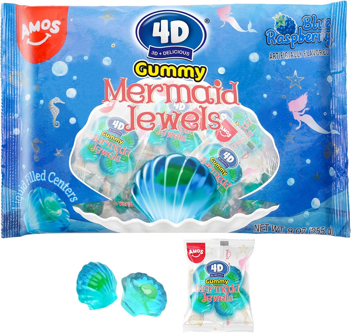 Amos 4D Mermaid Gummy Candy, Blue Raspberry Flavor, Christmas Candy 9oz Individually Share Pack Wrapped Mini Packs