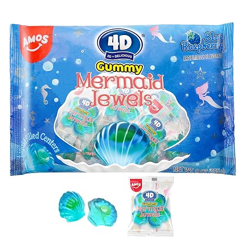 Amos 4D Mermaid Gummy Candy, Blue Raspberry Flavor, Christmas Candy 9oz Individually Share Pack Wrapped Mini Packs, Soft Jelly-Filled Seashell Treats for Girls' Mermaid Parties - BlueRaspberry