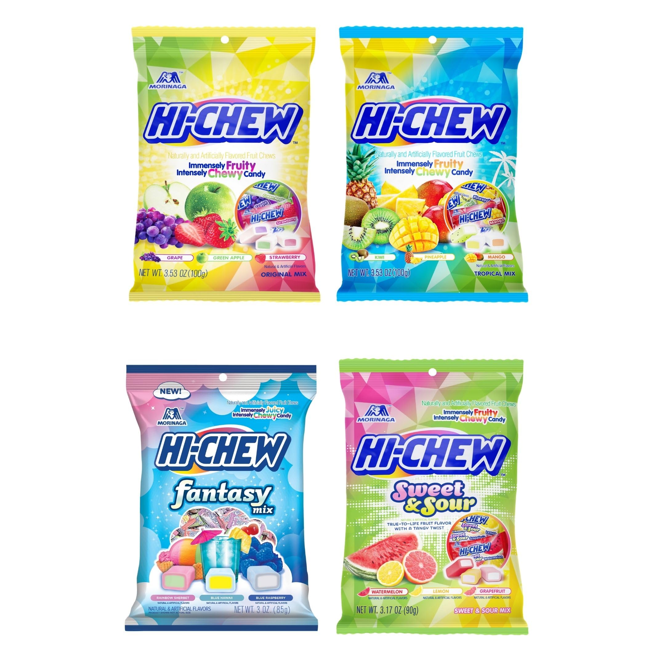 HI-CHEW Variety Mix, Pack of 4 Bags - 17 Flavor Assort Sweet and Sour Chewy Candy, Unique Fun Soft - Immensely Juicy Fruity Candy Flavors - Individually Wrapped for Sharing
