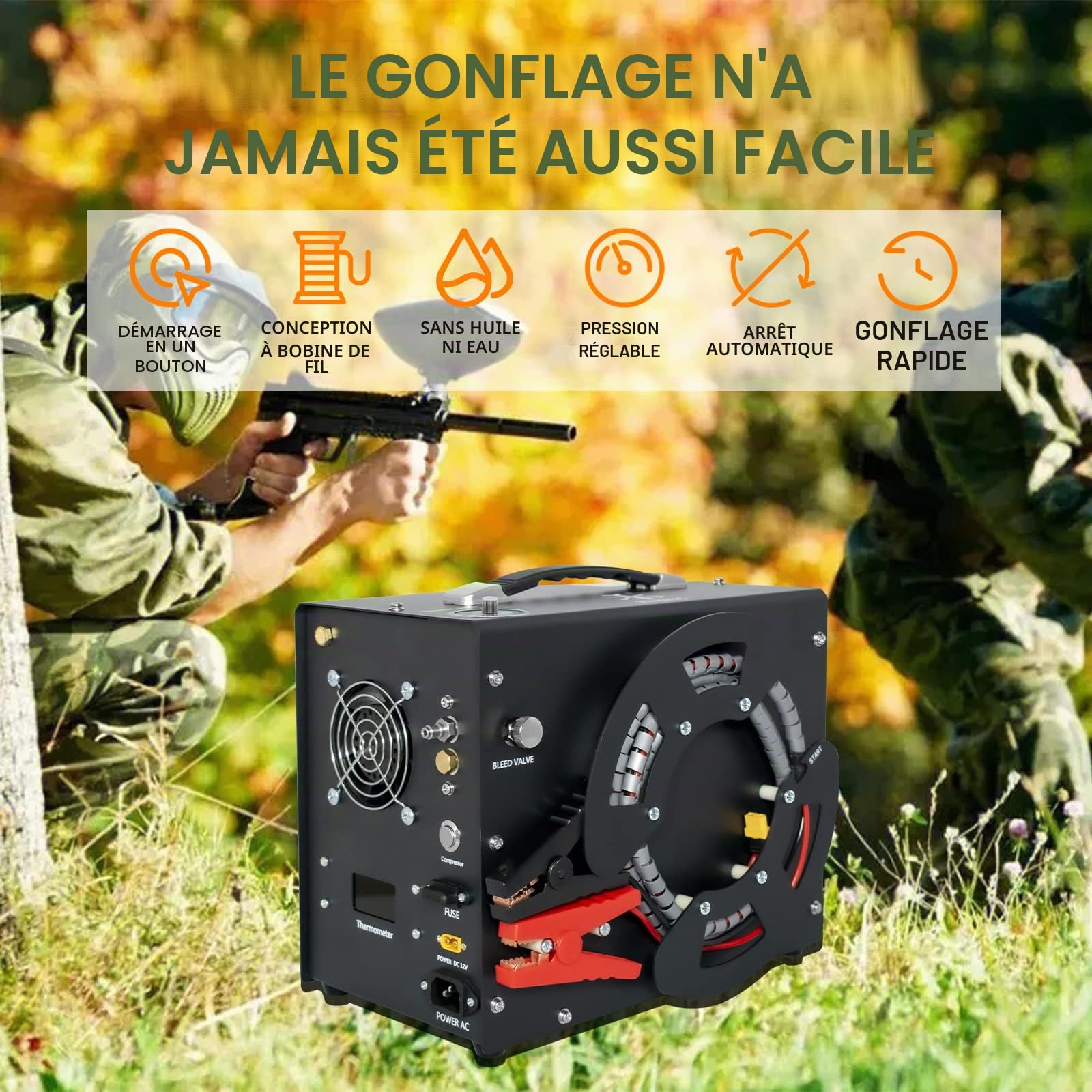 TUXING Compresseur d'air 4500Psi Pcp,convertisseur intégré,arrêt automatique,sans huile ni eau,design unique vertical + bobine de fil portable,alimenté par 12V DC ou 220V AC pour Paintball/Scuba Tank