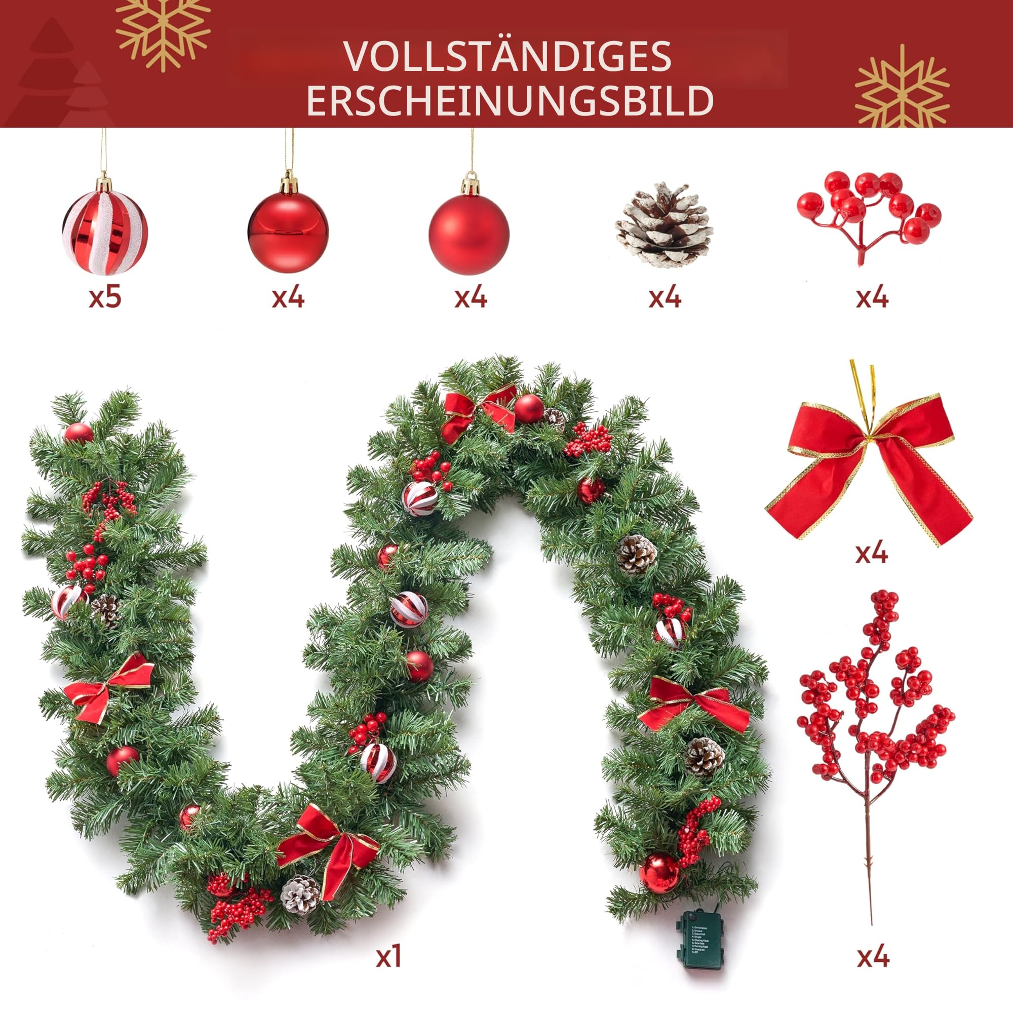 Joiedomi Weihnachtsgirlande mit Lichtern, 50 warmweiße LEDs, Weihnachtsbaumgirlande mit 8 Beleuchtungsmodi, verziert mit Tannenzapfen, Schleifen, Weihnachtskugeln und Beeren für Fenster