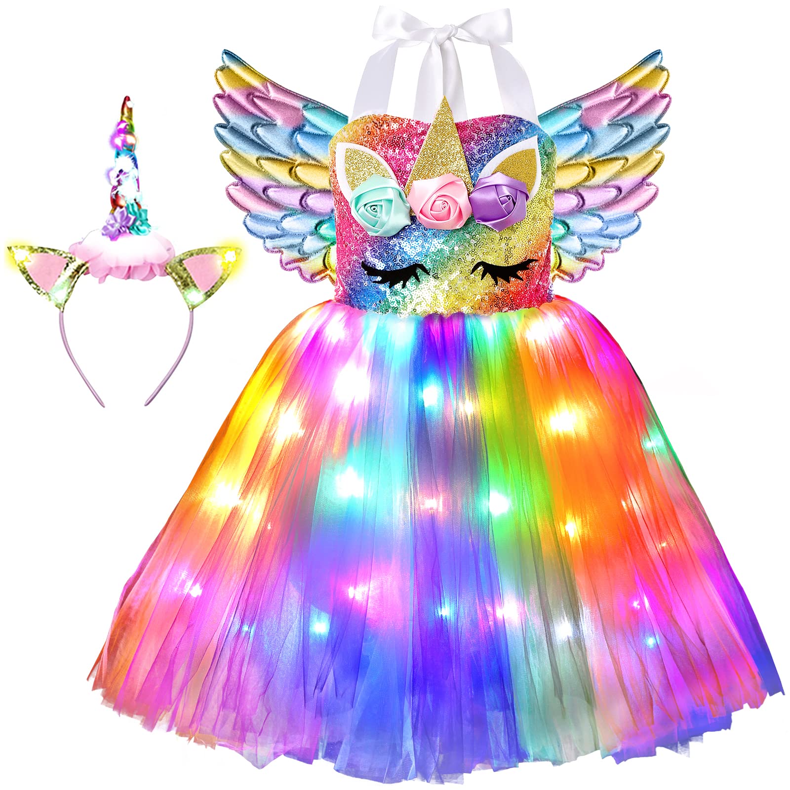 SKCAIHT Unicorn Costumes for Girls LED Light Up Unicorn Princess Tutu Dress for Halloween Birthday Party Gifts (5-6 Years)