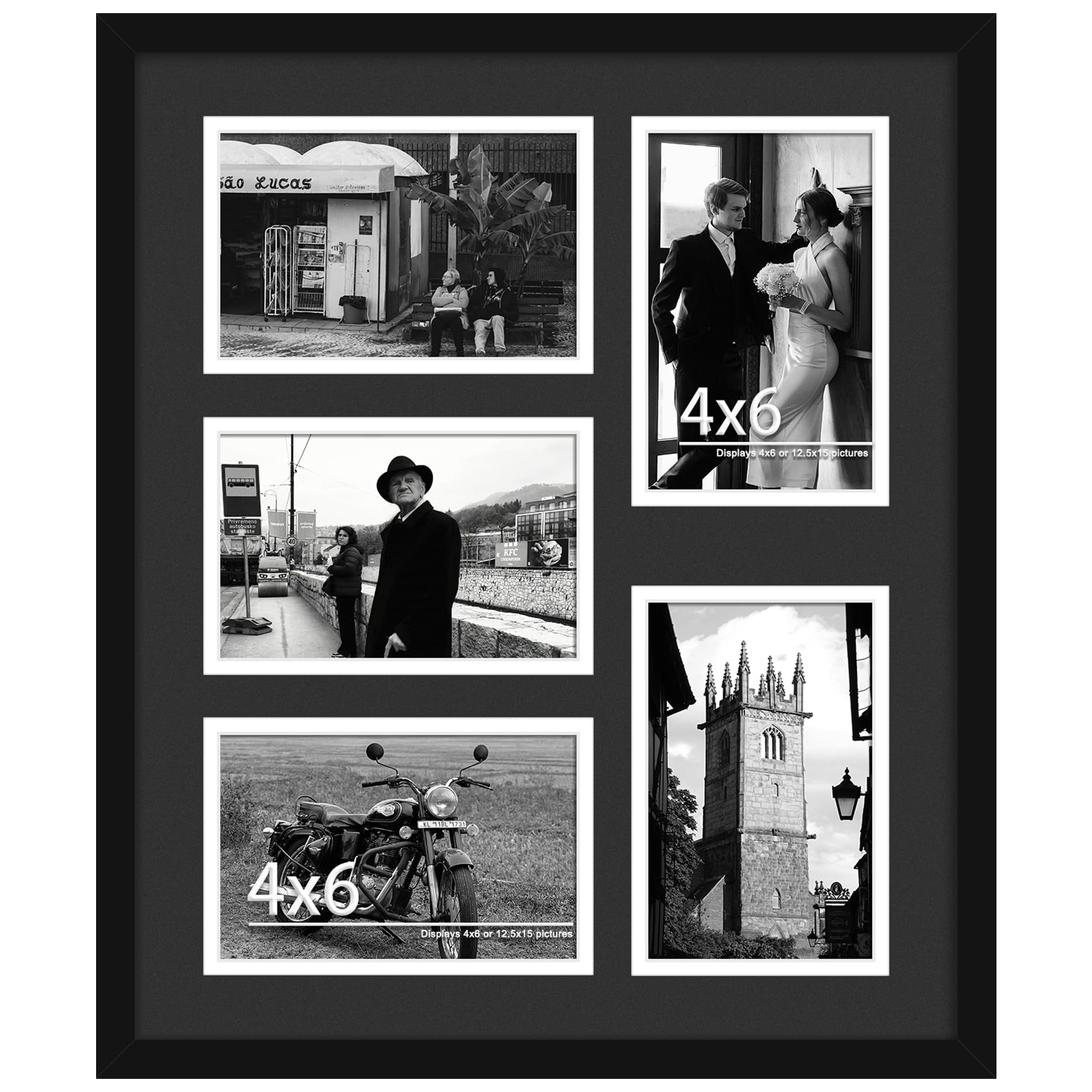 DUENPY 12.5x15 Collage Picture Frame, 4x6 Collage Picture Frame, Displays Five 4x6 inch Photos, Wall Decor Wall Hanging or Tabletop, Black Mat.