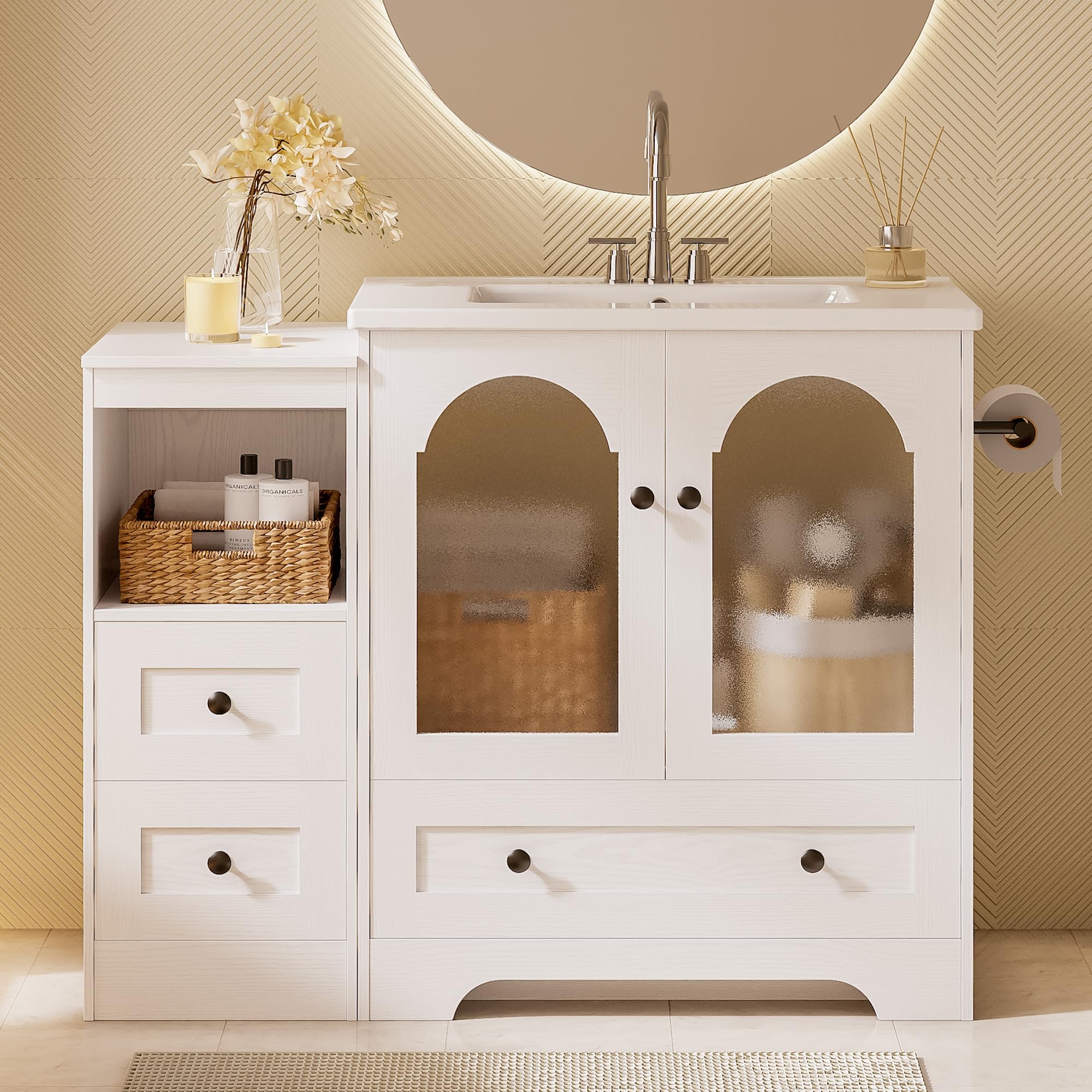 IRONCK 42 Inch Bathroom Vanity with Sink Set, Bathroom Cabinet Vanity with 2 Visual Buffer Gate, Pedestal Sink Storage Cabinet with 3 Drawers, Open