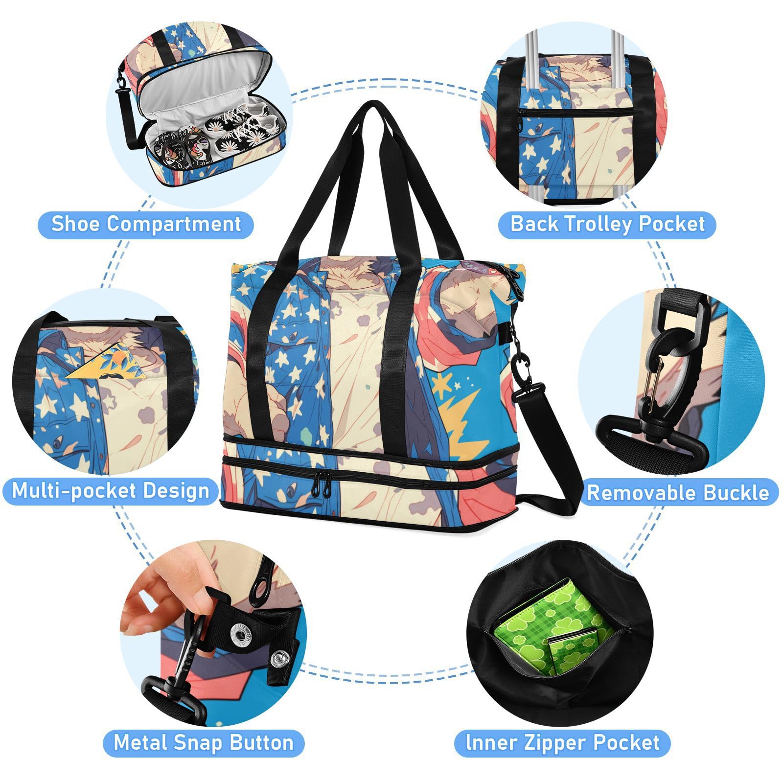 Reisetasche mit niedlichem Cartoon-Bär, patriotische Farbe, Reisetasche, mit Nassfach, verstellbarer Riemen, für Fitnessstudio, Handgepäck, für Reisen, faltbar, für Männer und Frauen
