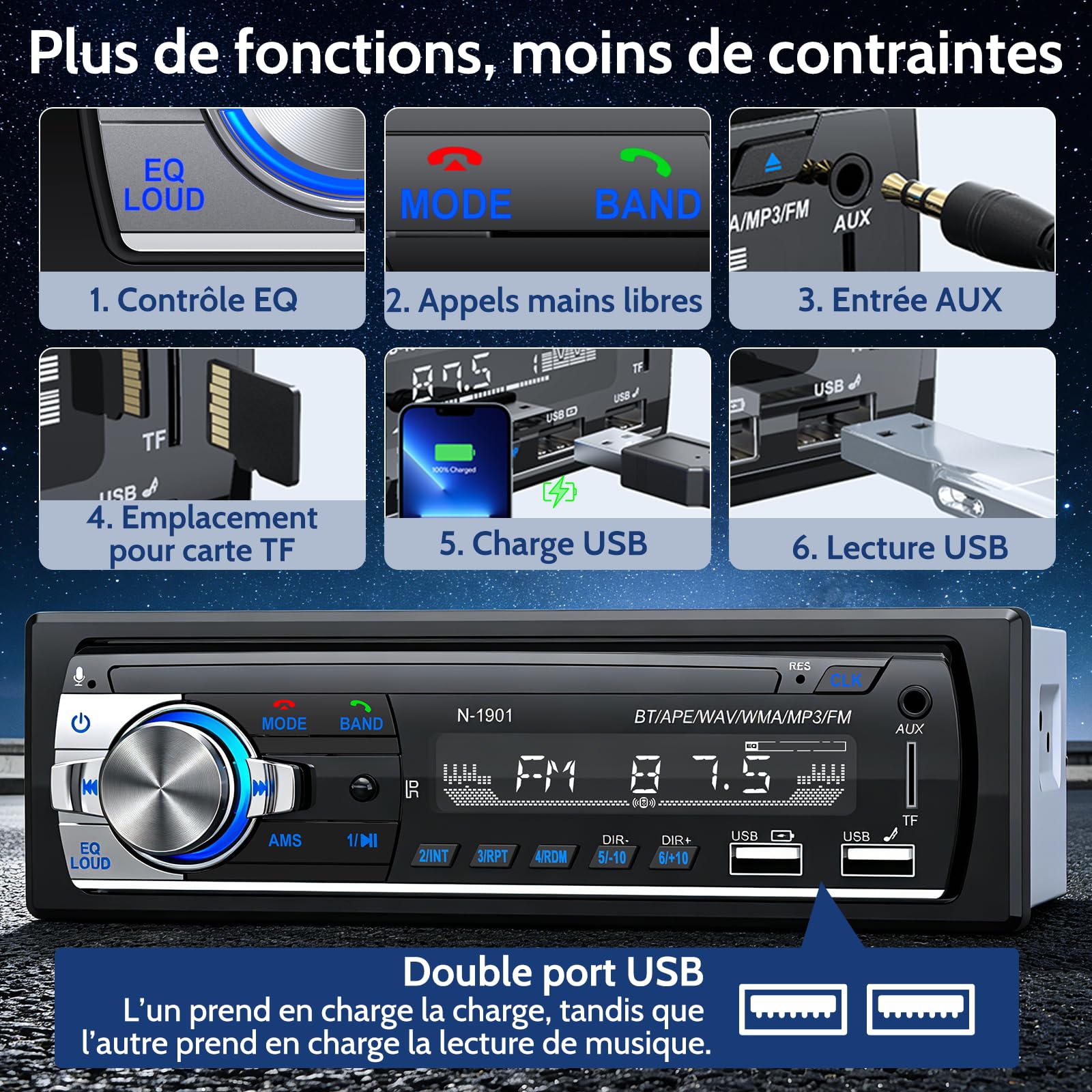 Autoradio Bluetooth, Wistrue FM Poste Radio Voiture Bluetooth avec 2 USB, Autoradio 1 Din Support AUX/SD/TF/MP3, Compatible avec iOS/Android