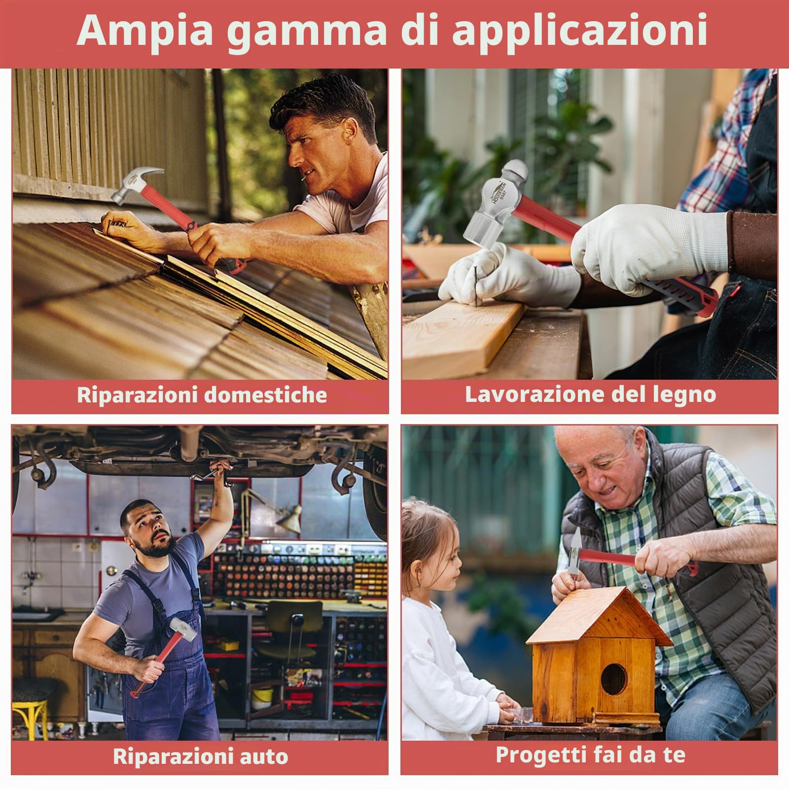 Set 7 Martelli Carpentiere Penna Sfera Ingegnere con Valigetta | Set 7 martelli acciaio forgiato, include carpentiere penna sfera e ingegnere, impugnature gomma con valigetta per officina
