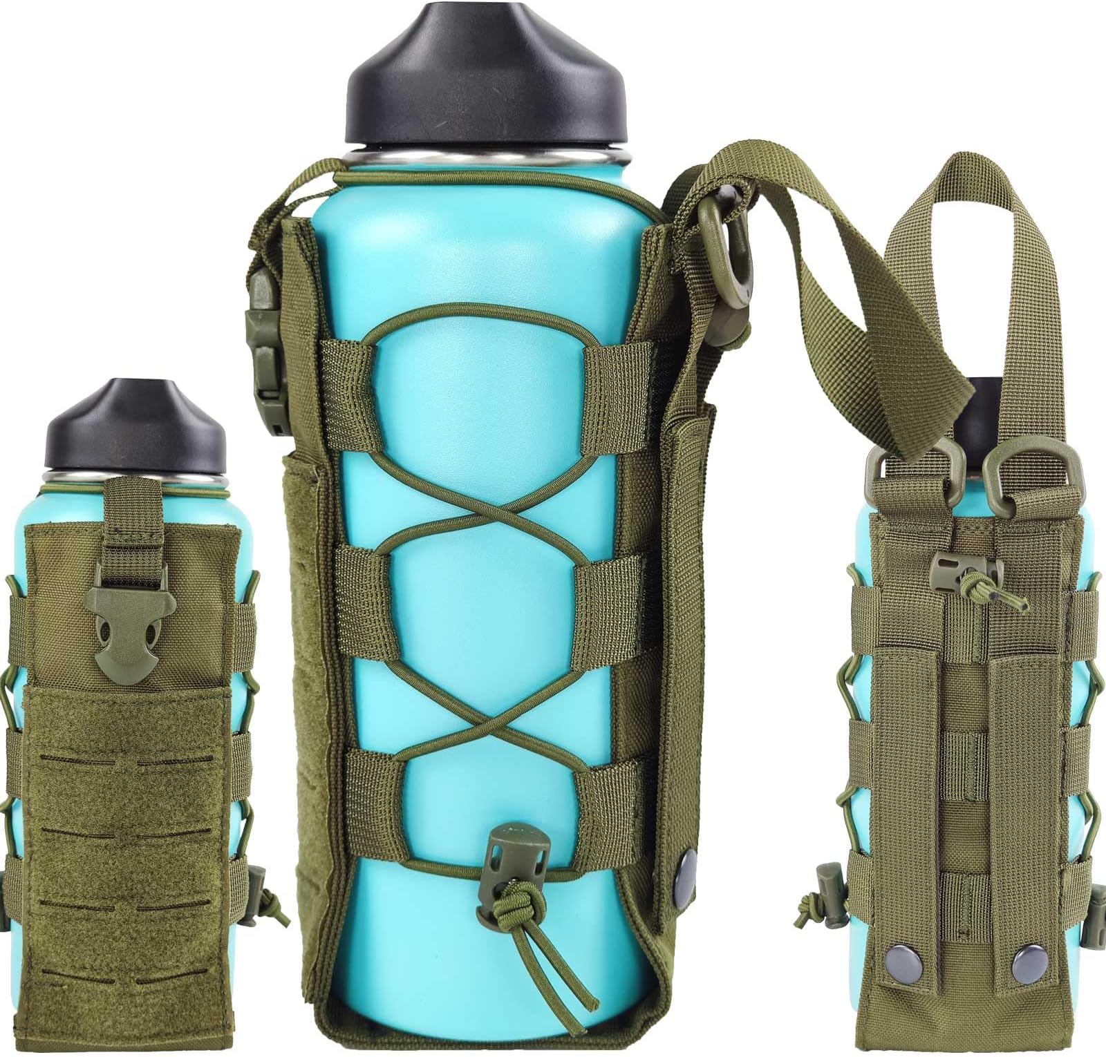 WICKTICK Molle Water Bottle Holder Pouch 16 24 32 40 64 oz - Multi-Purpose Tactical Fuel Bottle Bag, Adjustable Size for Outdoor Sports Camping Hiking Riding, Adapted to Backpack/Vest/Belt (Green)