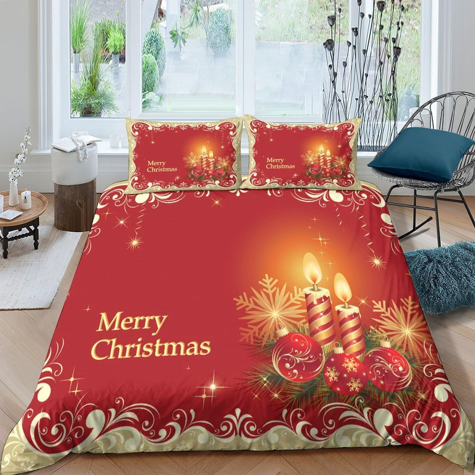 Ctjqhvkz Style-10 3D Printed Christmas Candle Fitted Sheet Microfiber Red Festive Bed Cover For Bedroom Guest Room Decoration Single（135X200cm）