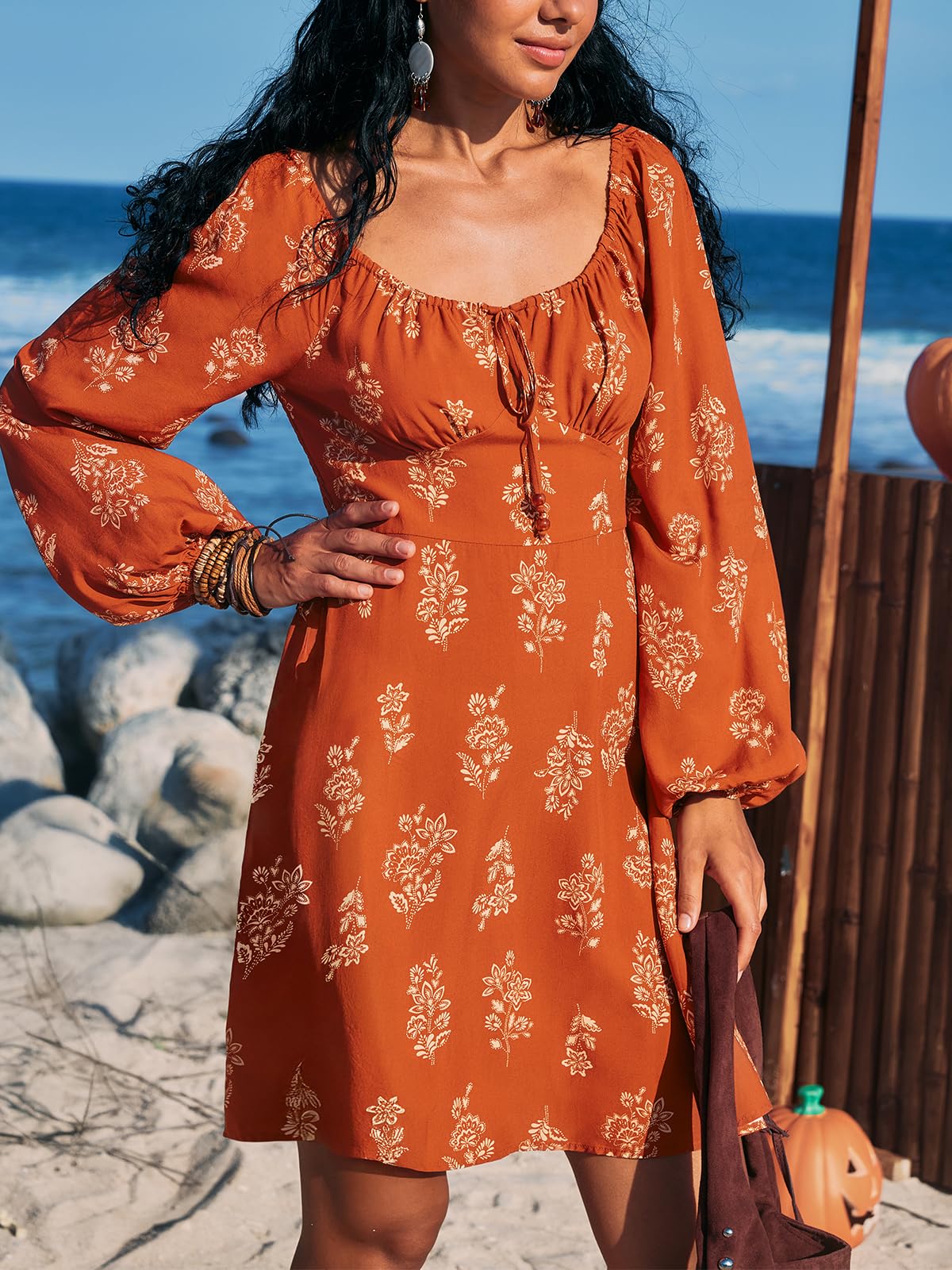 CUPSHE Abiti autunnali da donna a maniche lunghe con scollo rotondo casual coulisse floreale a vita alta elegante mini abito da festa