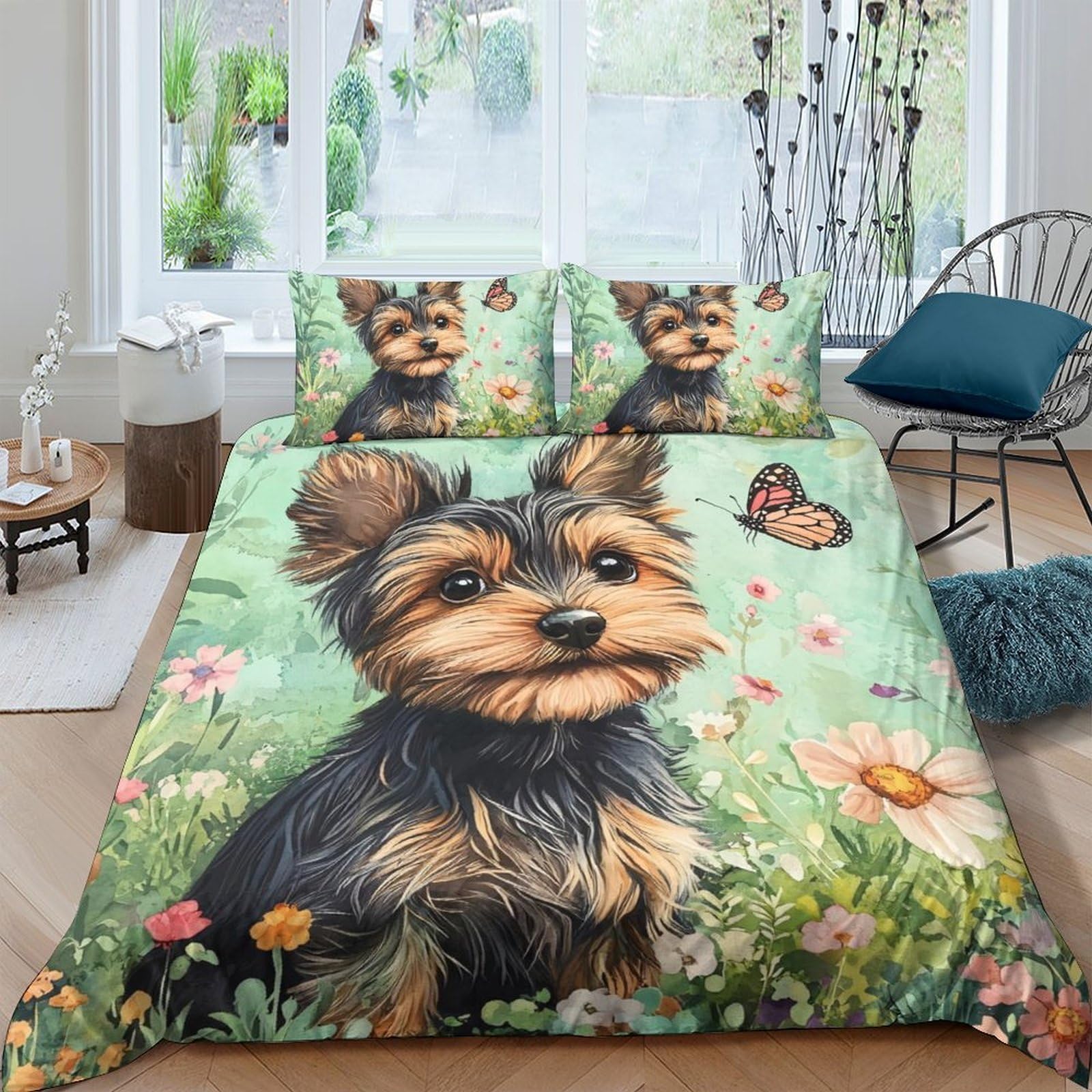 Ctjqhvkz Style-9 3D Printed Yorkshire Terrier Fitted Sheet Microfiber Soft Green Meadow Bed Cover For Bedroom, Guest Room, Dorm Bed Protection Single（135X200cm）