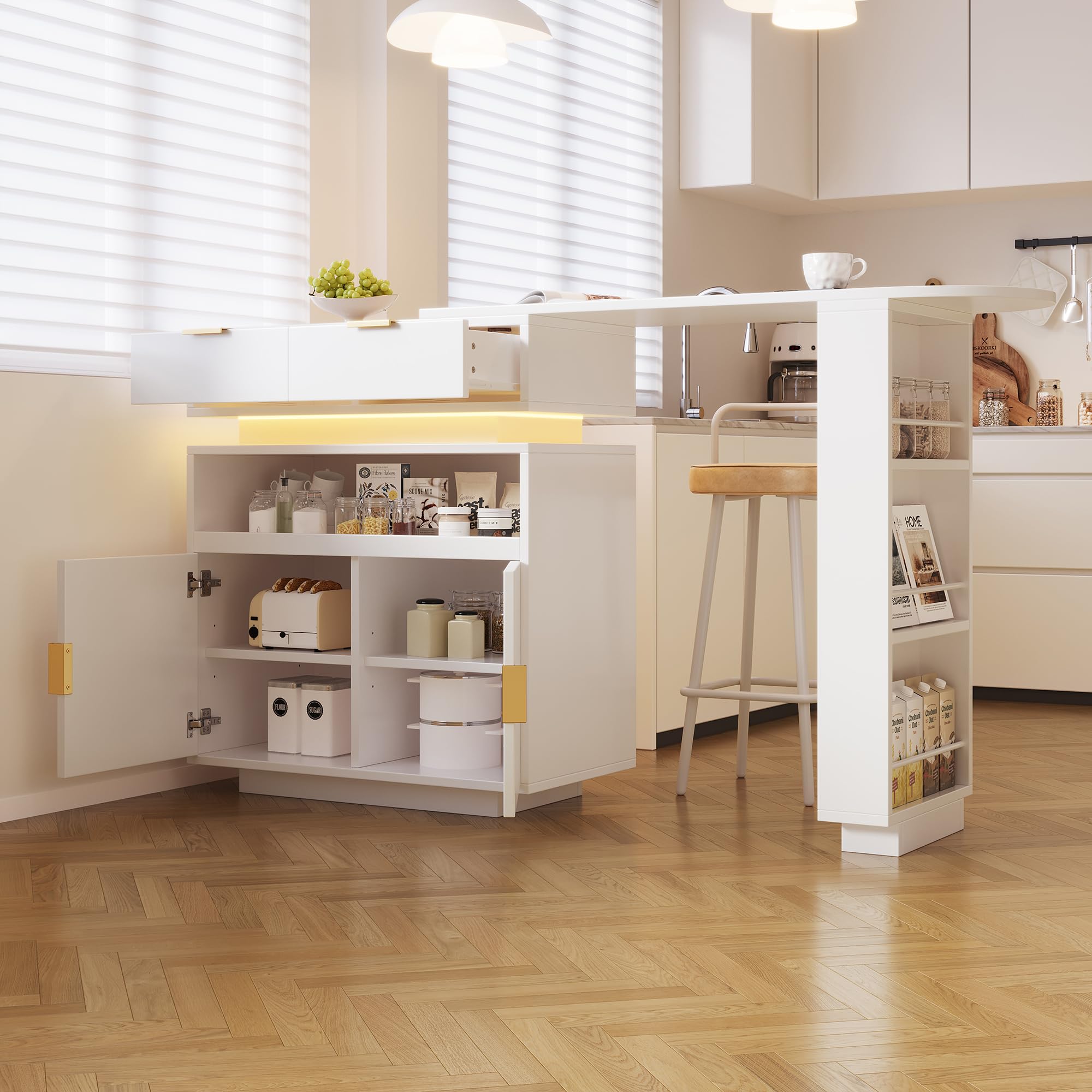 Meuble Bar Rotatif Extensible 115-183cm,îlot de Cuisine avec rangements,LED,Rotation 360,Table Extensible–Bar à café Mobile pour Cuisine et Salle à Manger,Blanc