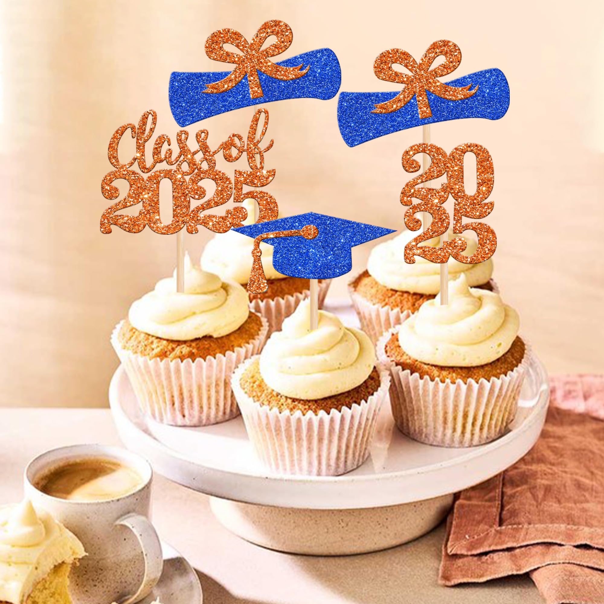 24 PCS Glitter 2025 Graduation Cupcake Toppers - Gold, 4 Styles, Class Of 2025 Party Supplies