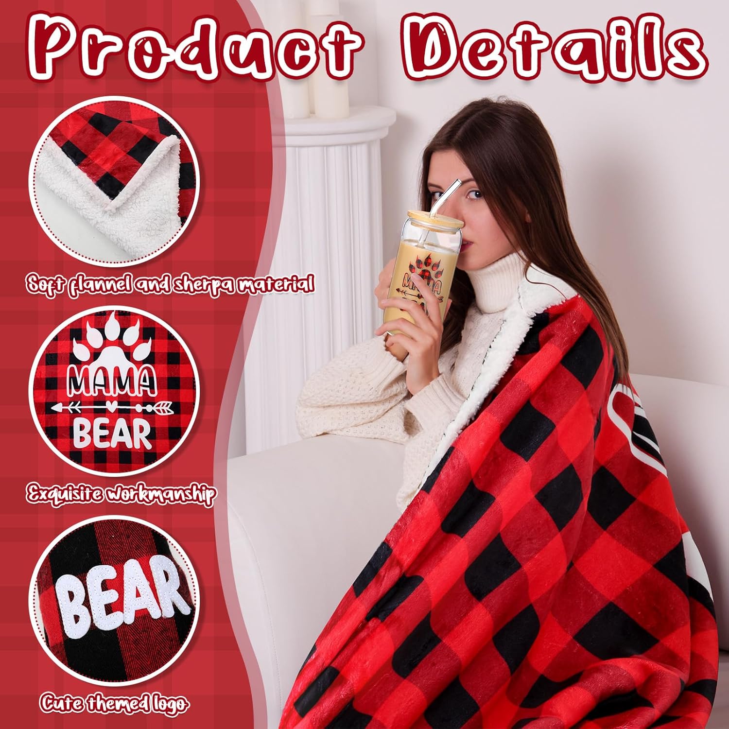 4 Pcs Christmas Blanket for Mom Mama Bear Gifts from Mama Daughter Son Bear Wearable Blanket Slippers Cup Gift