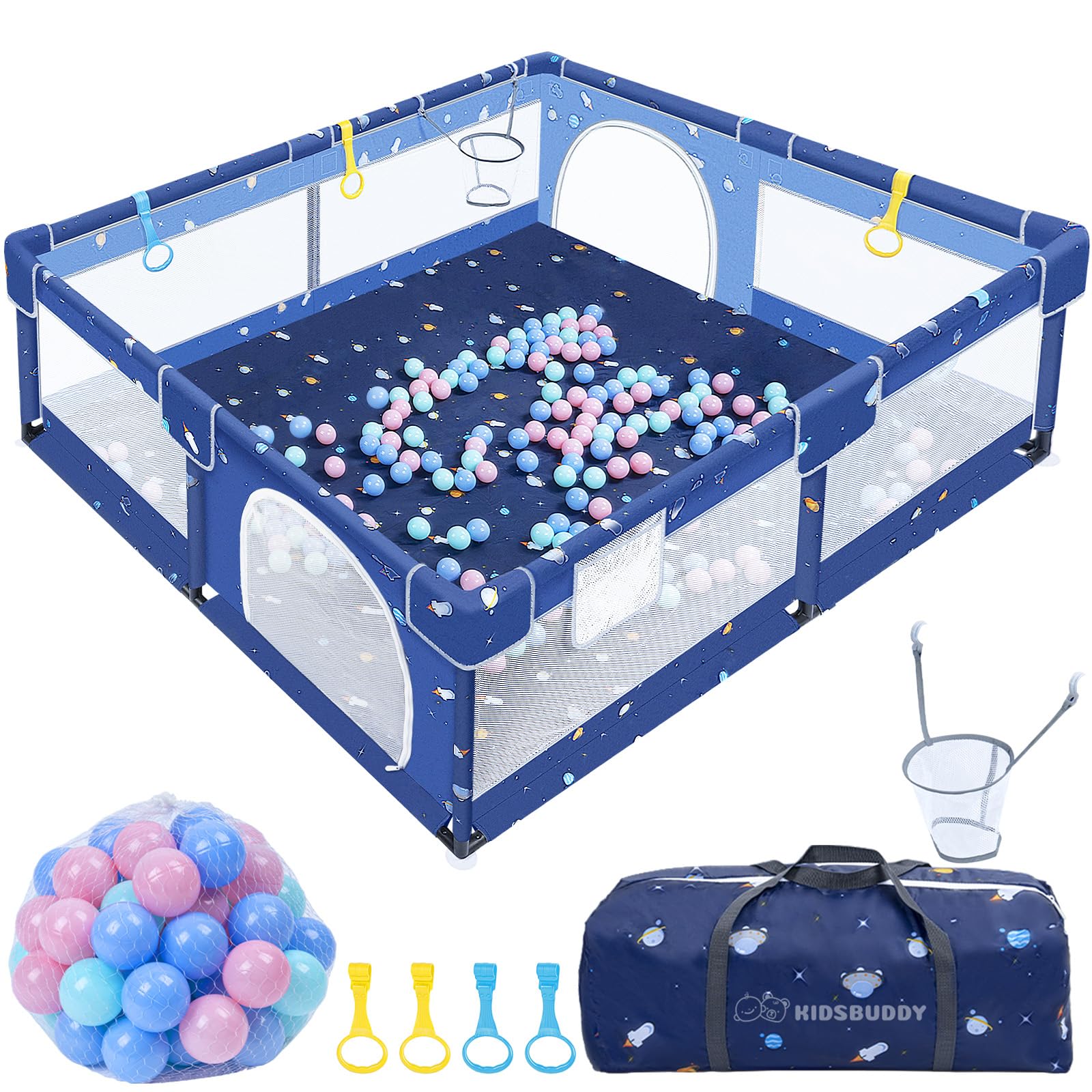 Verdego Parque infantil de 150 x 180 x 66 cm, plegable, con anillas para tirar, pelotas, malla transpirable 210D, color azul oscuro