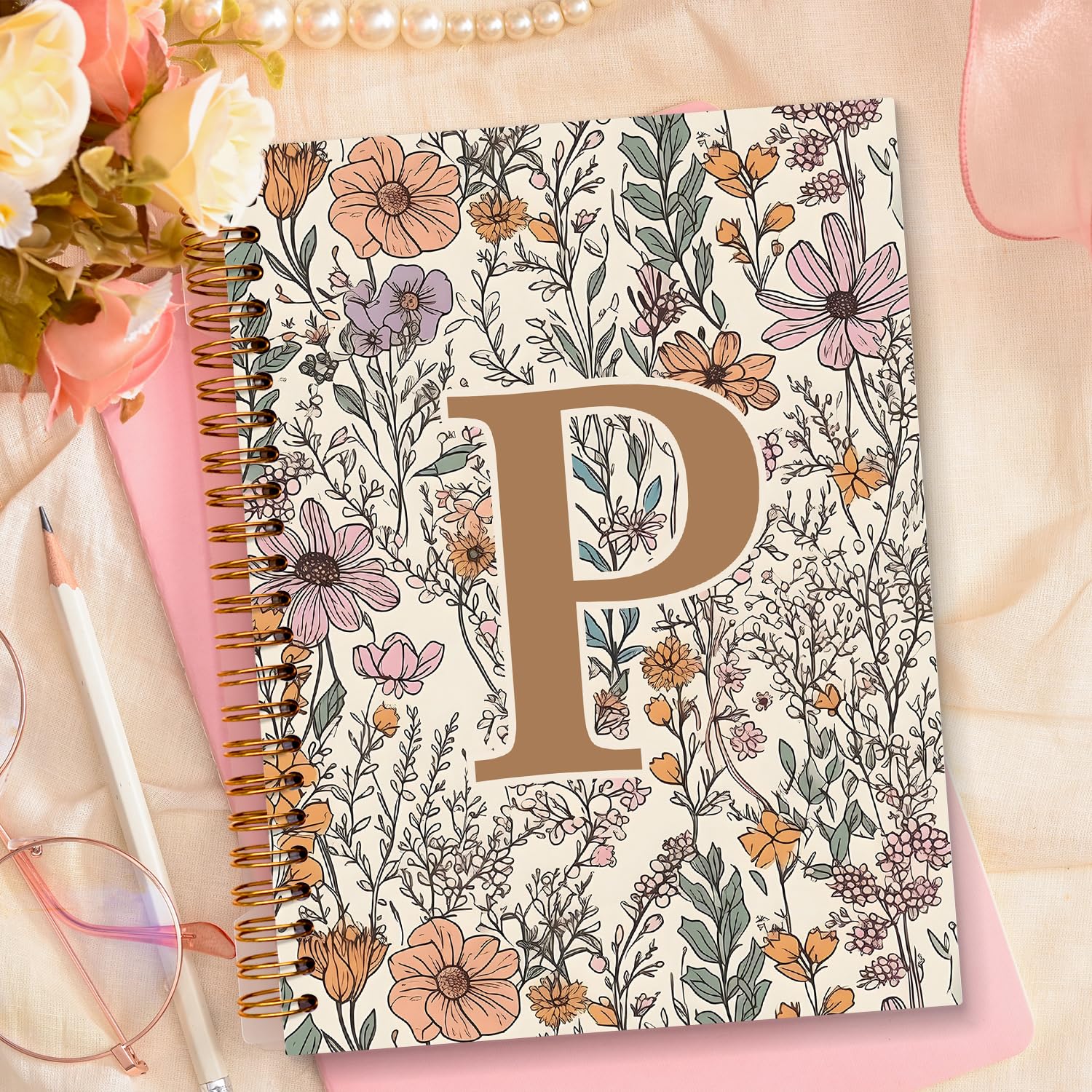 JXREQ Spersonalizowany notatnik w stylu vintage, boho, inicjał litery P, notatnik, monogram, prezenty dla kobiet, artykuły biurowe, kwiat, spiralny zeszyt