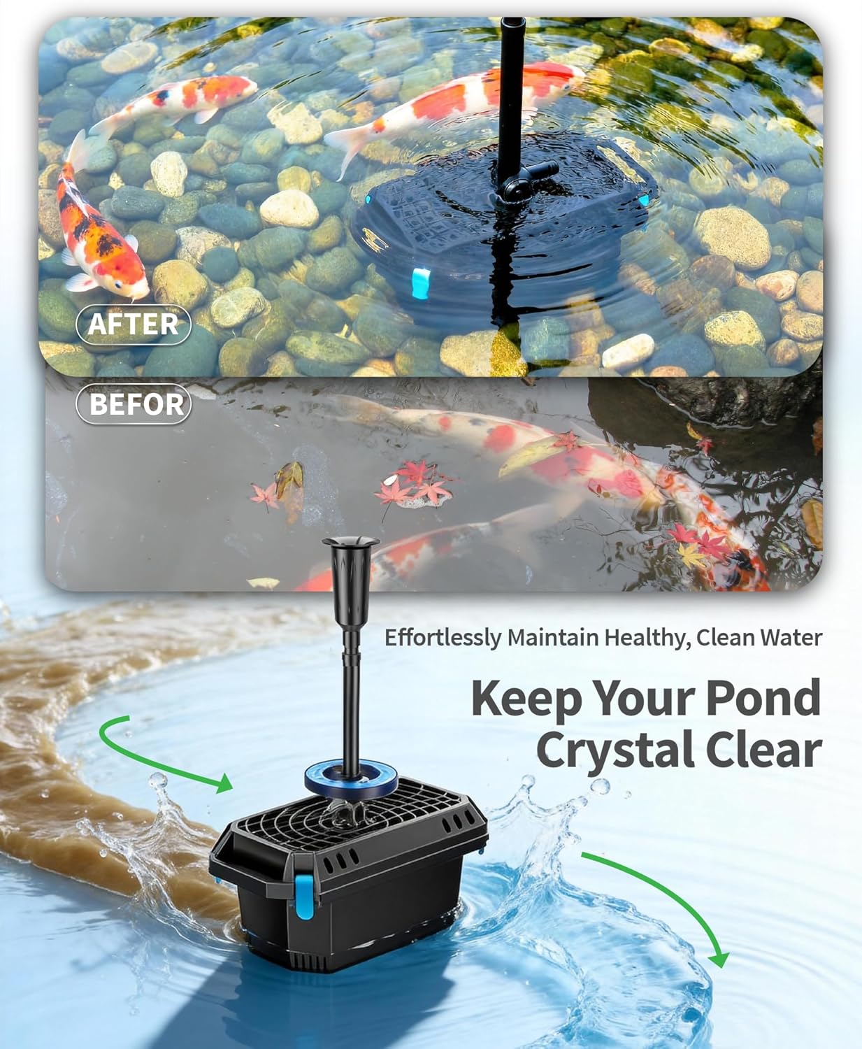 POPOSOAP Pond Filter with U-V Clarifier, 660GPH 40W Pond Pump and Filter Kit with RGB LED Lights, All-in-One Pond Fountain for Outdoor Ponds Up to 1300 Gallons P2360