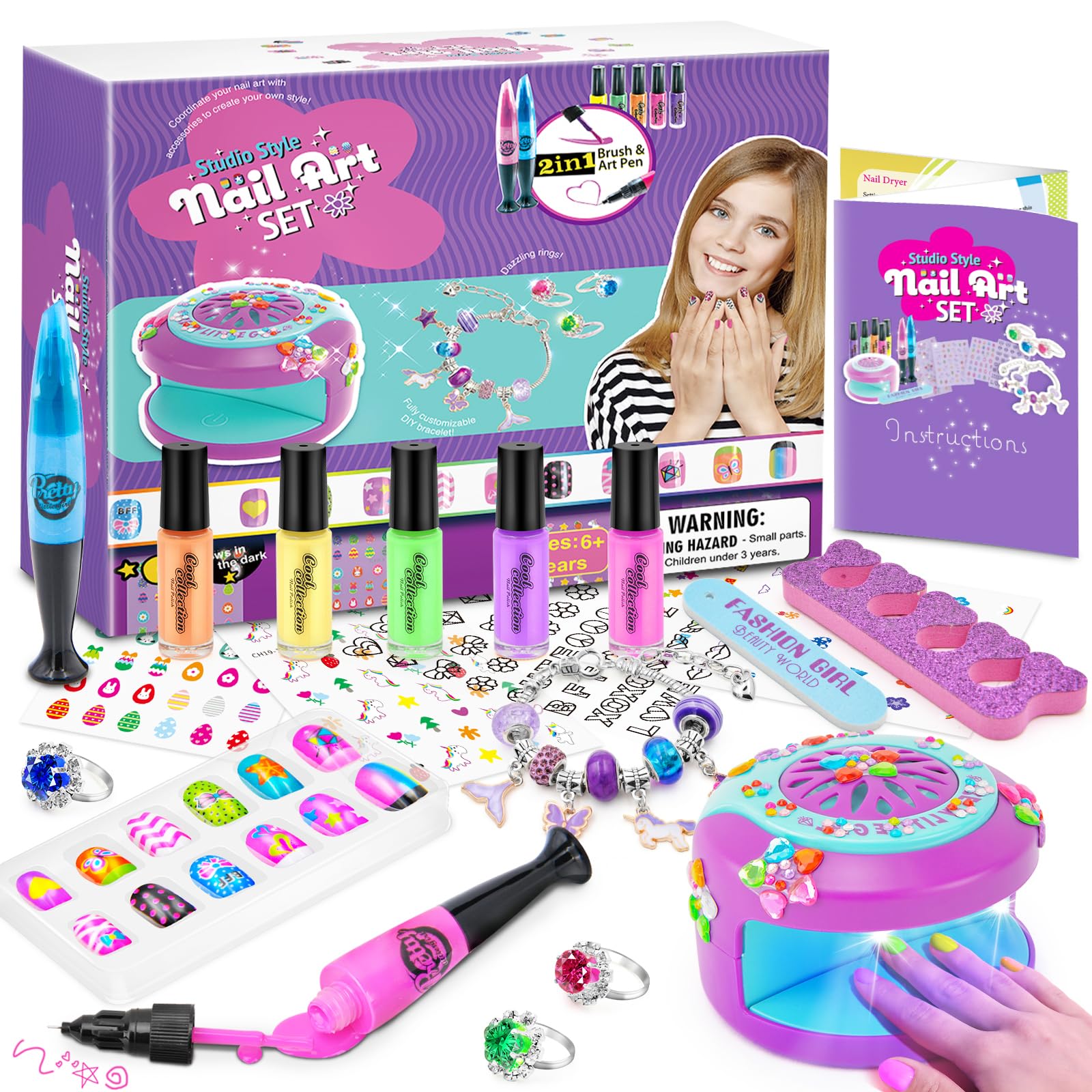 PUPPSITTY Kids Nail Polish Set for Girls, DIY Nail Art Kit Toys with Nail Dryer,Fake Nail,Nail Sticker,Peelable Nail Polish, Non-Toxic Quick Dry Nail Art Salon Toys for Girls Age 6-12