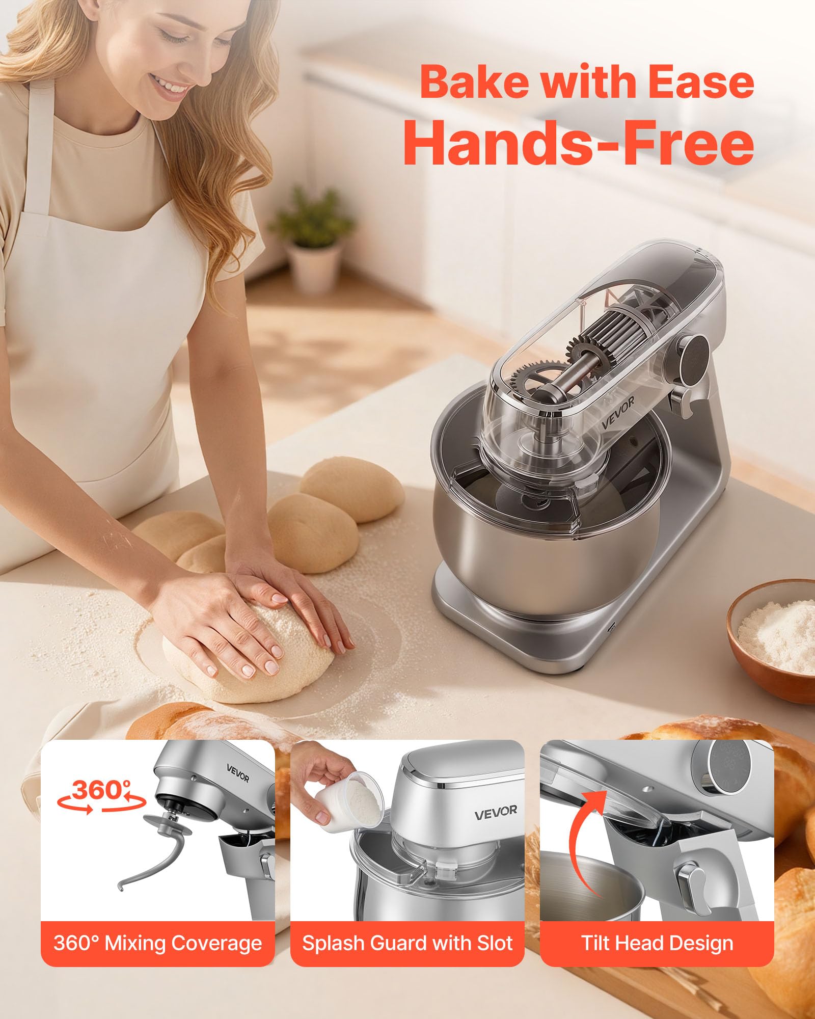 VEVOR Batidora de Pie, 1800 W, Bol de Acero Inoxidable, 7,4 L, Gancho para Amasar, Batidor y Varillas, 10 Velocidades, Inclinación Ajustable, 411 x 253 x 342 mm, a Mezclar Crema, Verduras y Masa