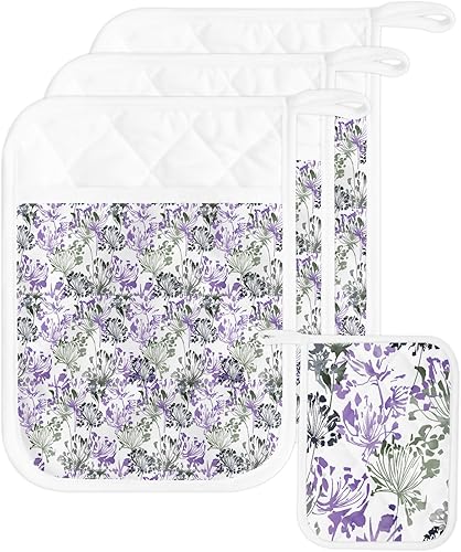 Miniatura 46 de Juego de 5 agarraderas de tela de toalla para cocina, antideslizantes y aislantes de calor, con bolsillo, guantes gruesos para horno, posavasos