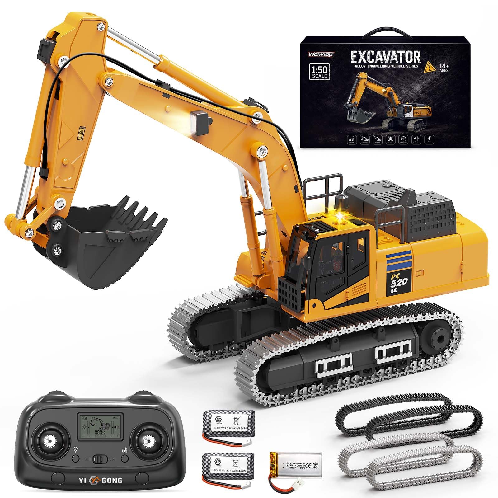 Escavatore Radiocomandato Professionale Mini 1:50 per Sabbia e Sabbiera, Escavatore RC Cingolato in Metallo con Benna Metallica, Cingoli Metallici, Telecomando LCD 2,4 GHz, Luci e Suoni, 2 Batterie