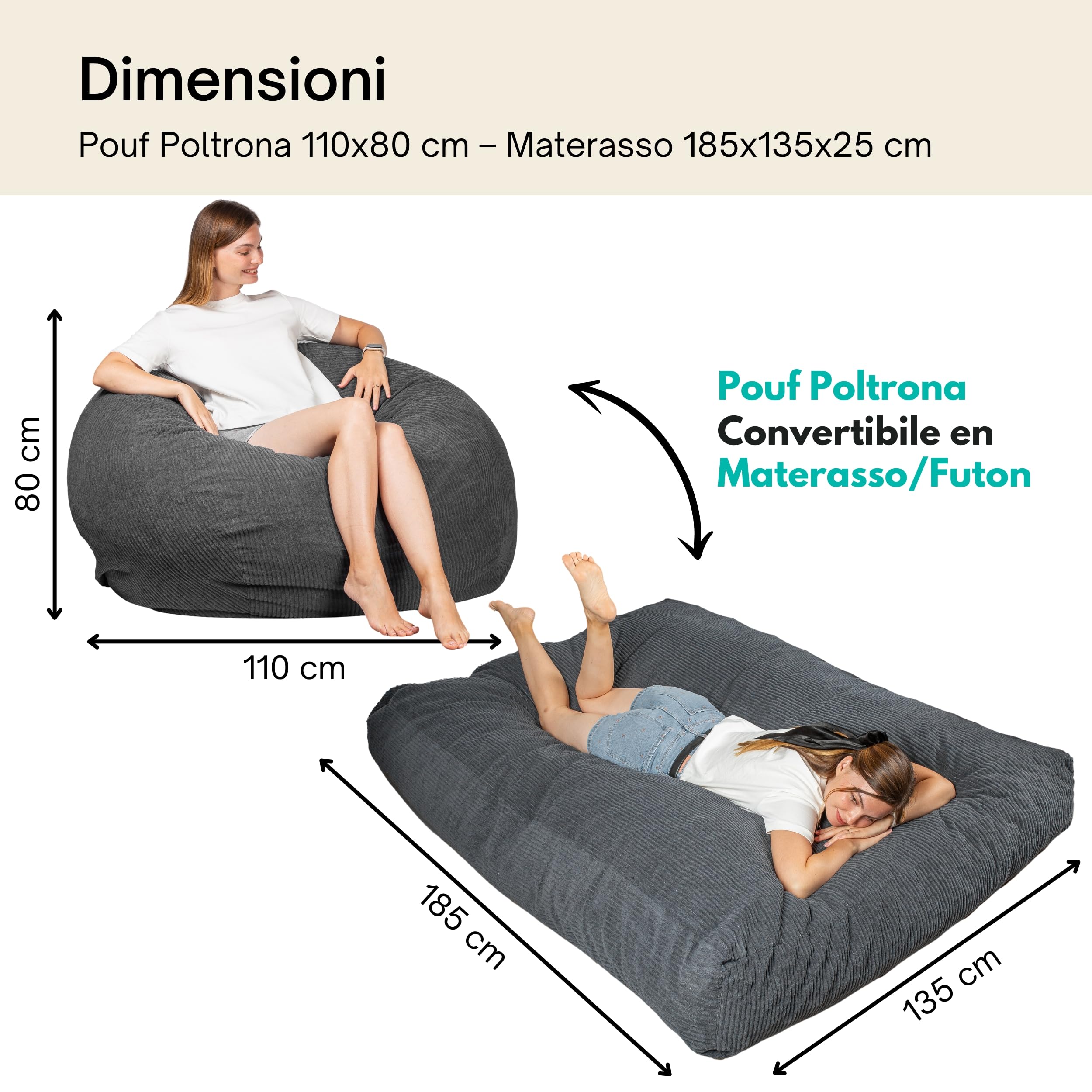 bananair - Pouf Poltrona Sacco Convertibile en Materasso/Futon Singolo Pieghevole 135x185 cm - Morbido, Tessuto di Velluto a Coste Larghe - Confortevole, Imbottitura in Schiuma (Grigio Scuro)