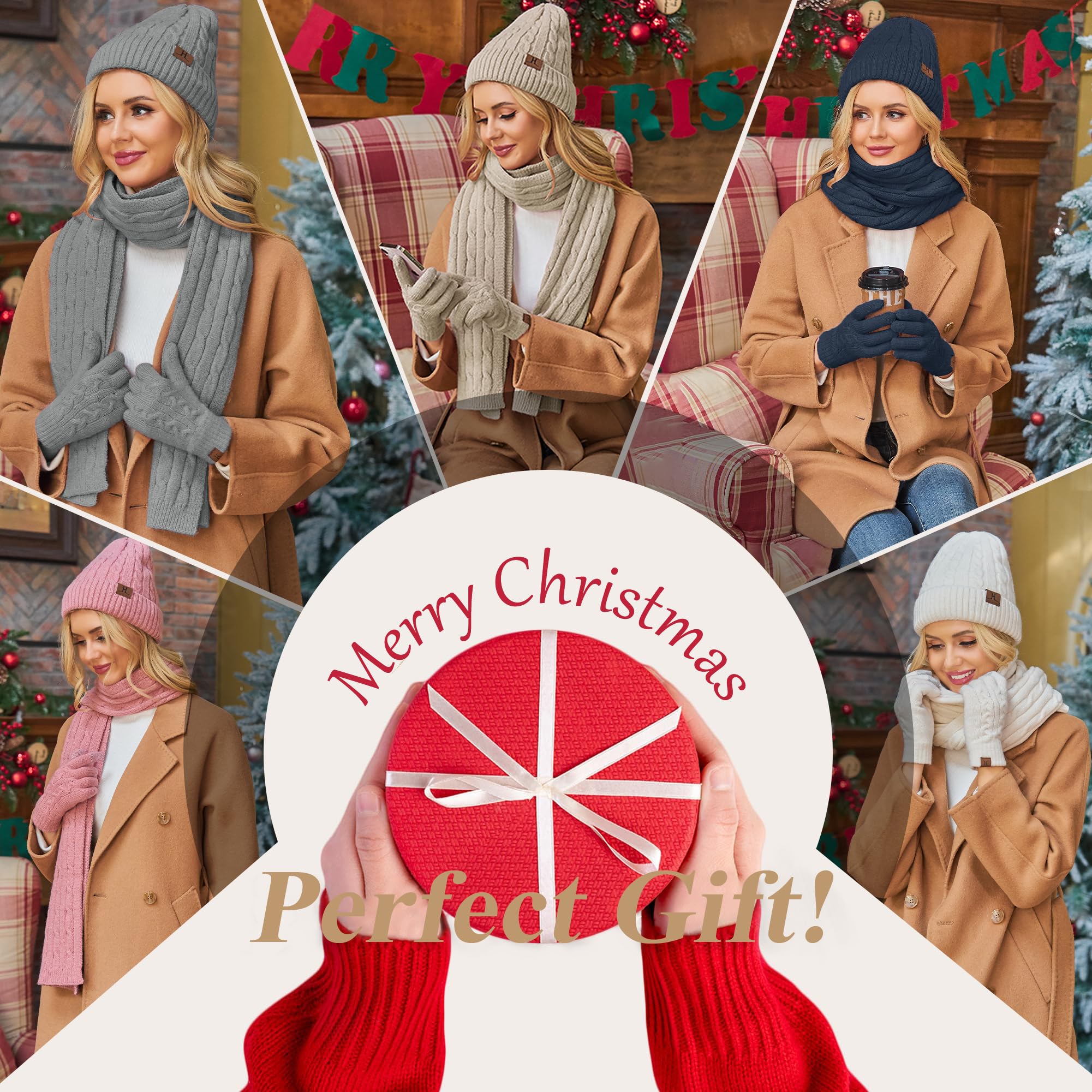 ZASFOU Damen Winter Mütze Schal Touchscreen Handschuhe Set Thermo Strickmütze Beanie Wintermütze Schals Winterschal Winterhandschuhe Geschenk für Frauen