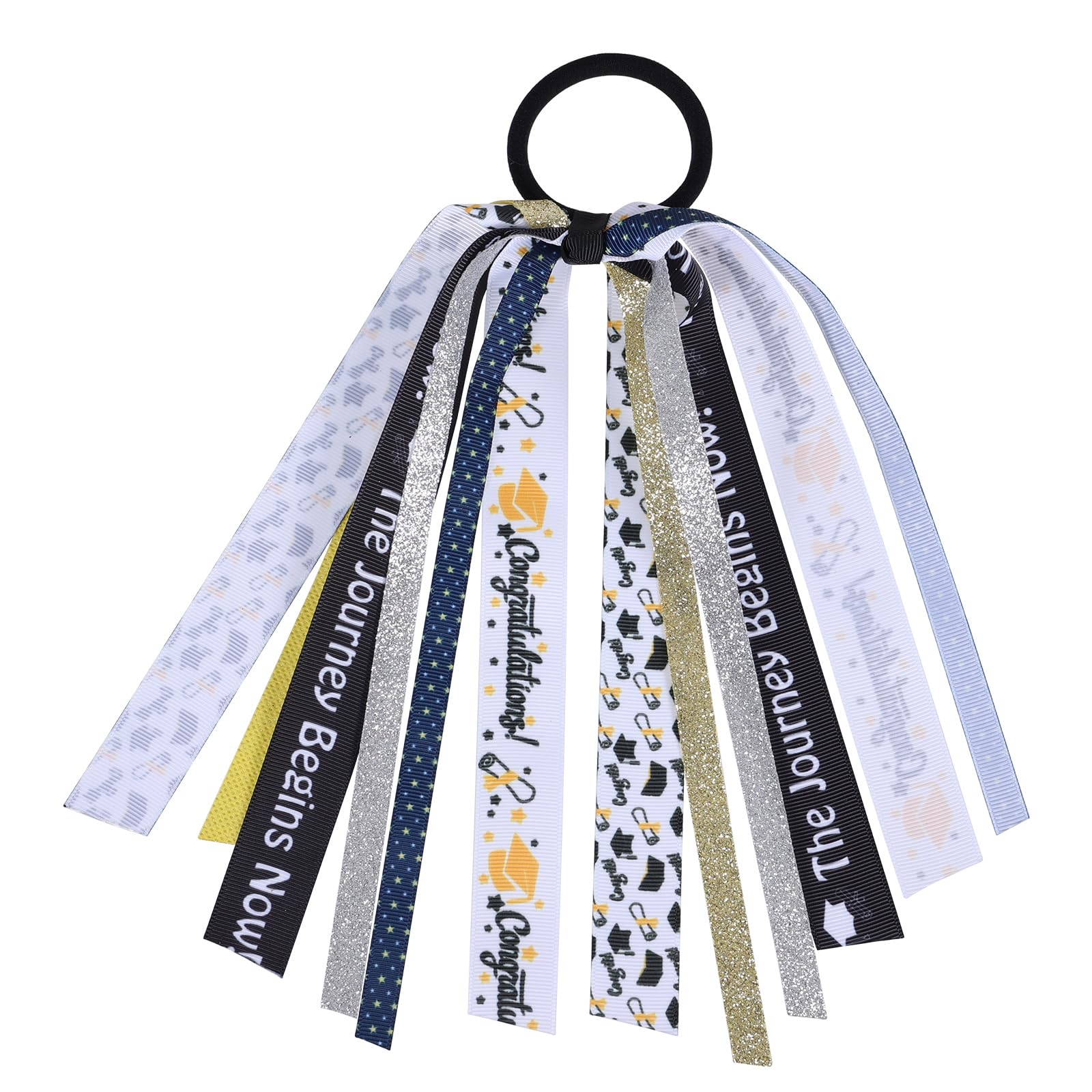 Happy Graduation Ponytail Streamer,Glitter Black Gold Ribbon Hair Tie,Elastic Pony Holder Bow,Graduation Hair Accessories for Girls Women Students