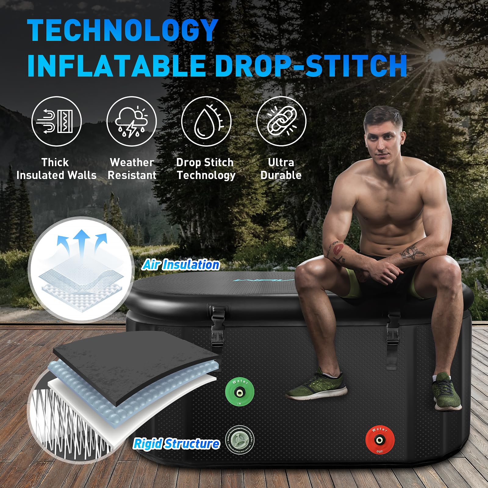 Cold Plunge Inflatable Ice Bath Compatible With Water Chiller, Portable Recovery Tub With Lid for Athletes, Indoor & Outdoor Therapy, 59 L x 30