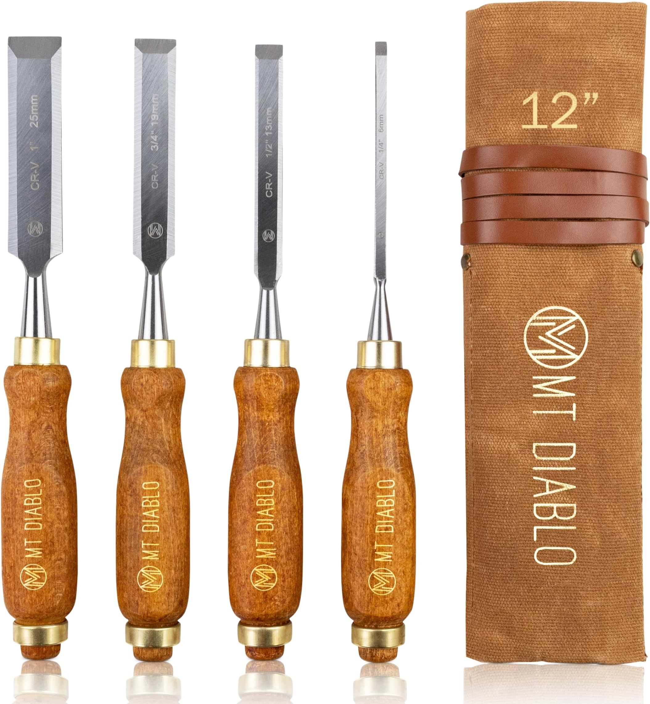 Mt Diablo Woodworking Tools 4 Piece Chisel Set - Premium CV60 Steel Wood Chisel Sets with Ergonomic Handles, Includes 1/4" 1/2" 3/4" 1" Widths - Ideal for Woodworkers - Durable Waxed Canvas Tool Roll
