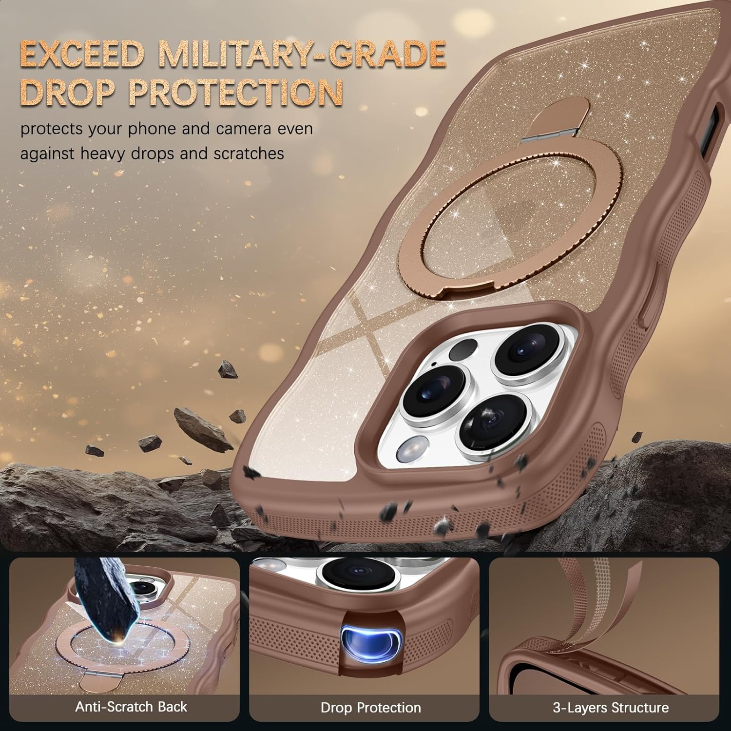 BENTOBEN for iPhone 16 Pro Max Case with Stand, Clear Crystal Glitter Cute Curly Wavy 16 ProMax Phone Case Compatible with MagSafe, Magnetic Ring Kickstand Shockproof Anti-Slip Cover, Desert Titanium - Image 9